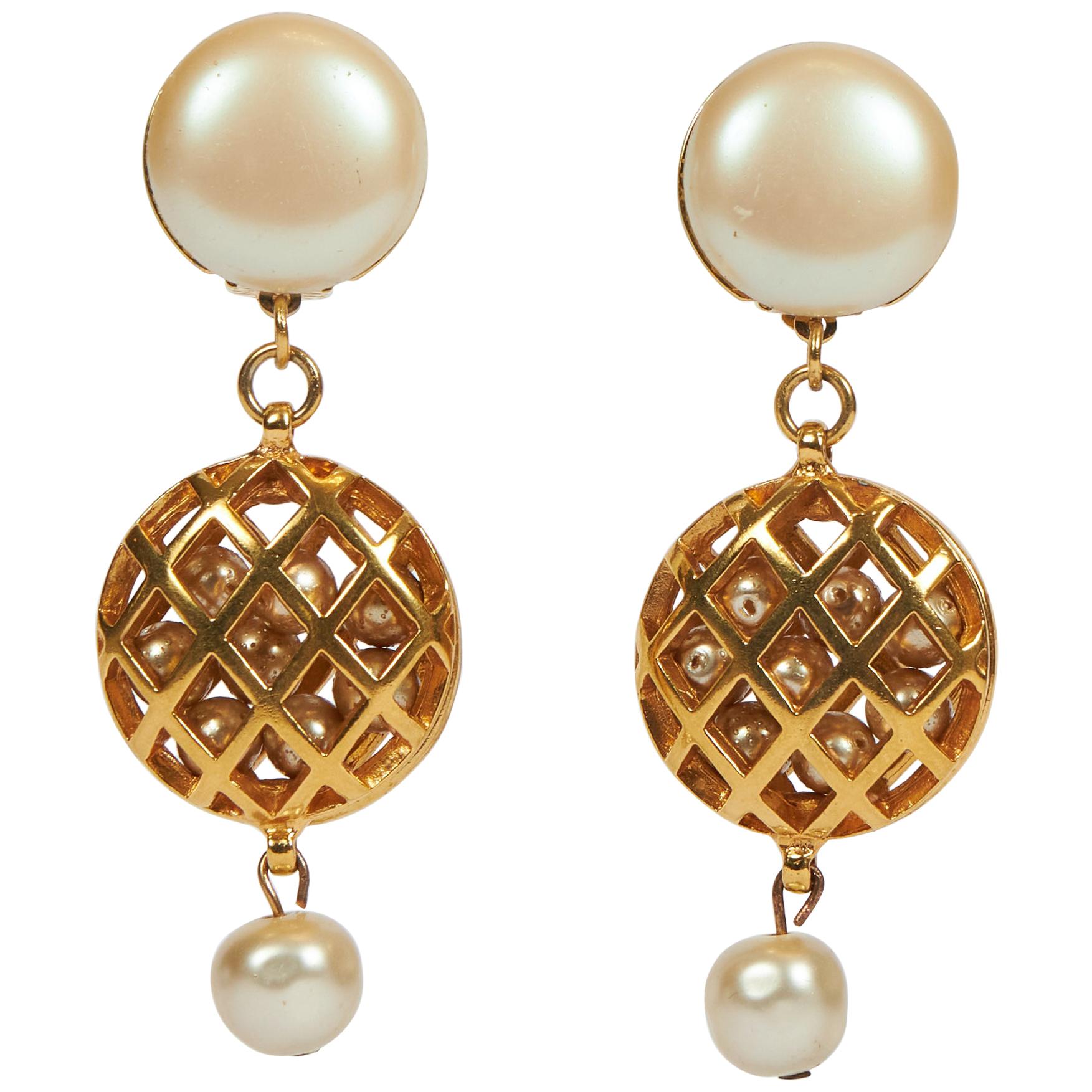 Chanel Vintage Gold Metal And Imitation Pearl CC Earrings, 1980s