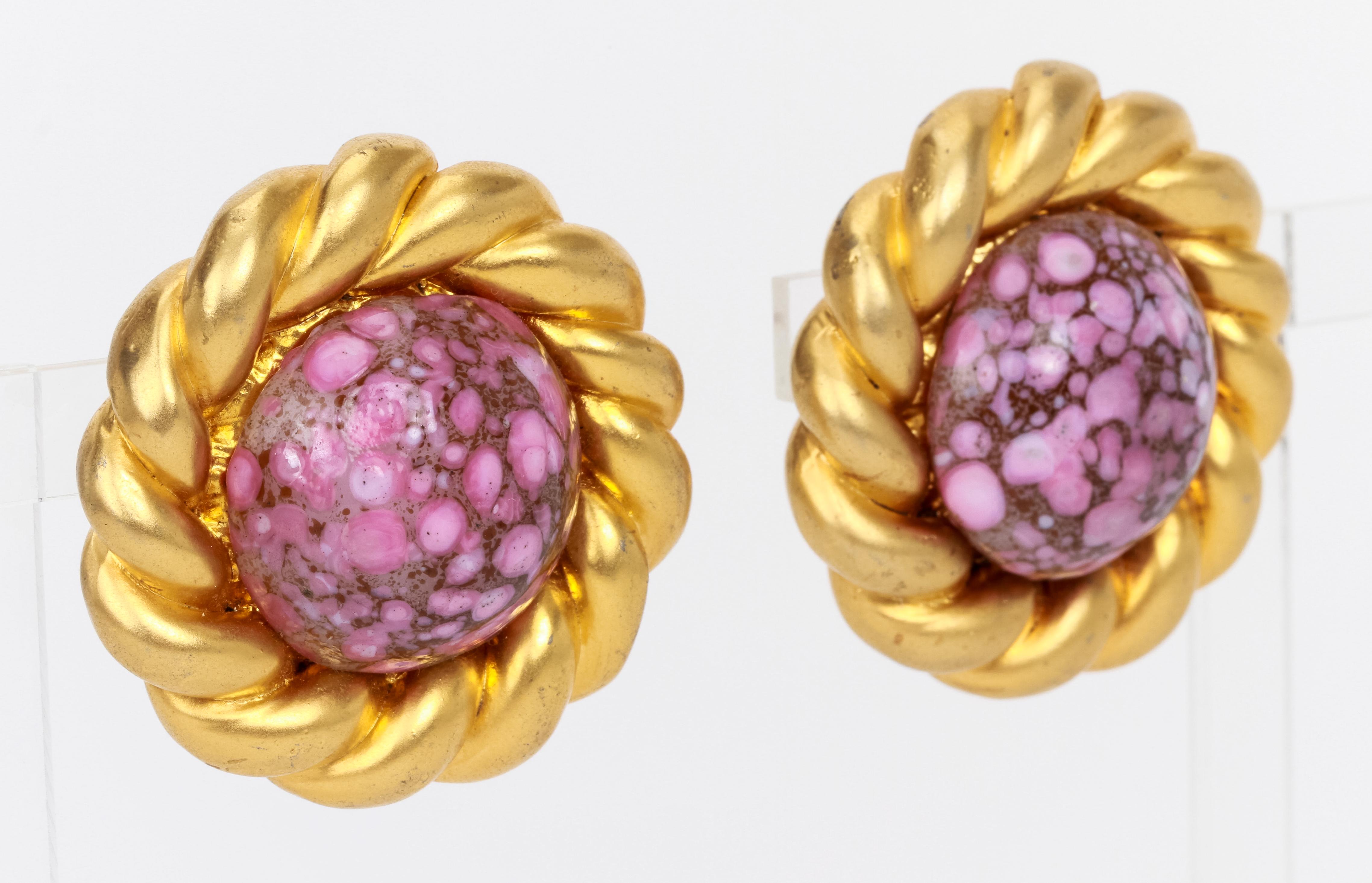 Chanel clip 1970s runway gripoix earrings with pink marble effect