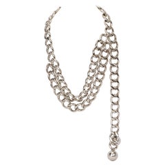 1970's Vintage Chanel Silver Chain link Belt Necklace with Sphere Pendant