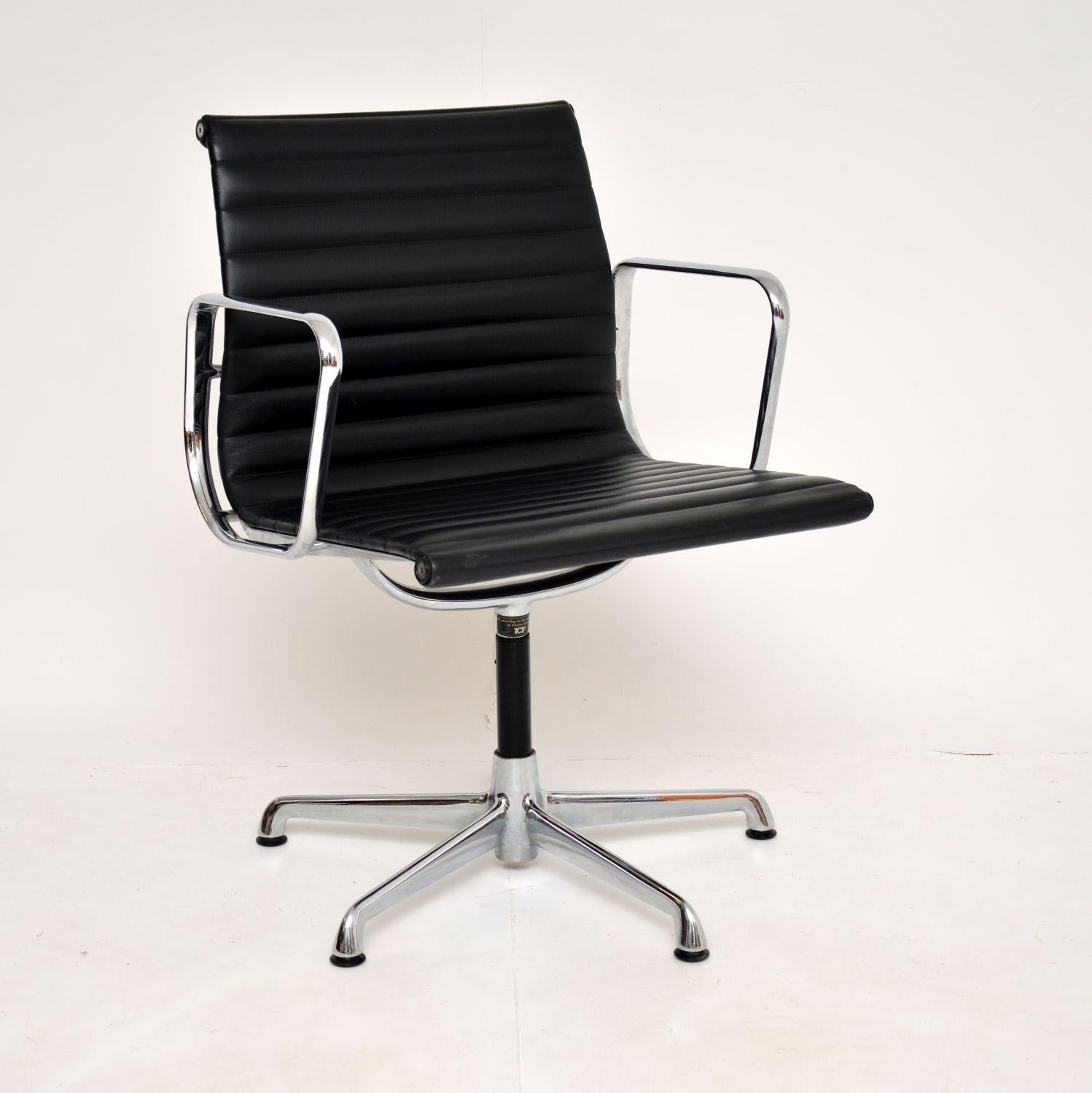 A stunning example of an iconic design, this is a genuine EA108 desk chair designed by Charles Eames. This licensed model was made in Italy by ICF, it dates from around the 1970-1980’s.

It is of superb quality, with beautiful leather upholstery