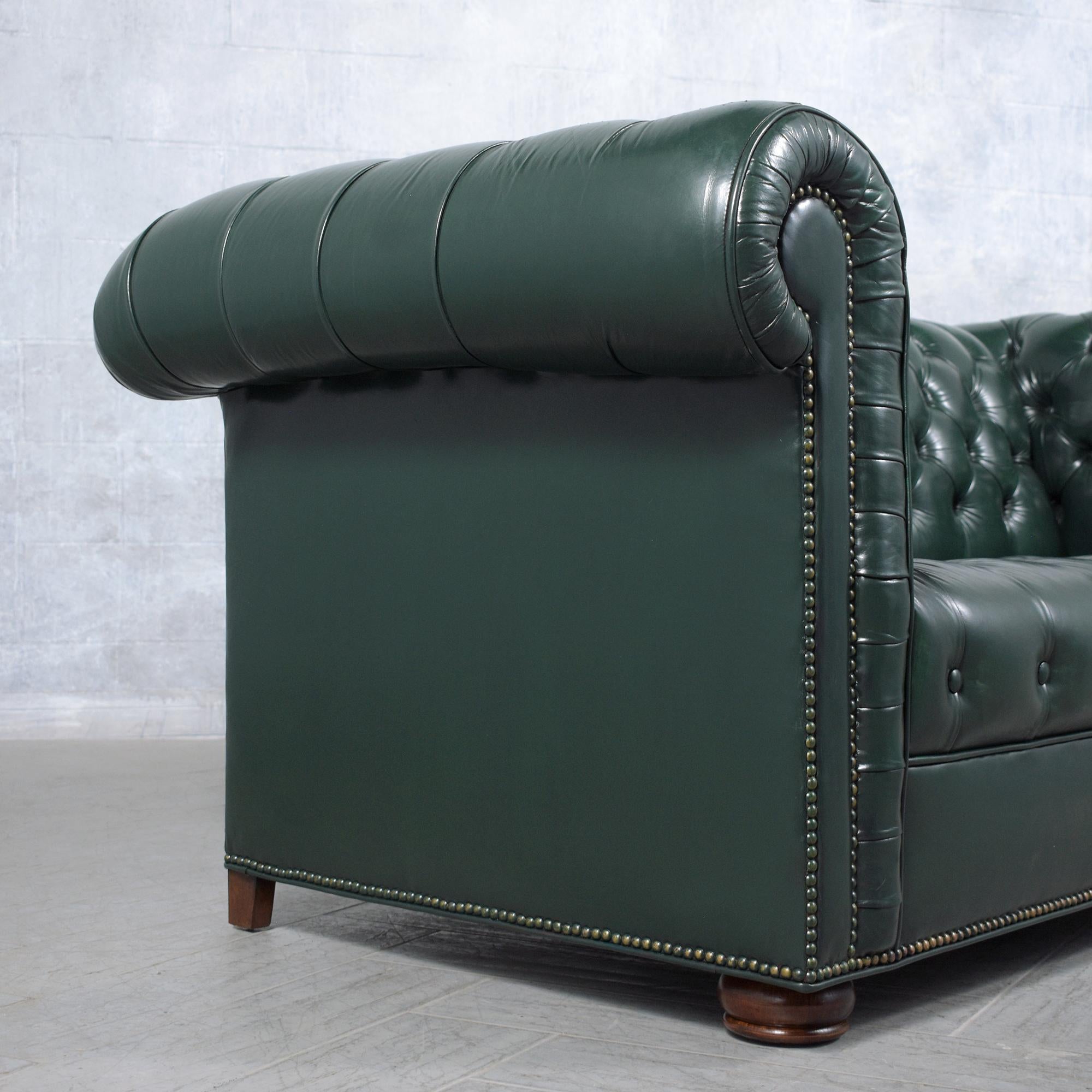 1970s Vintage Chesterfield Sofa: Emerald Green Leather with Elegant Carved Legs 4