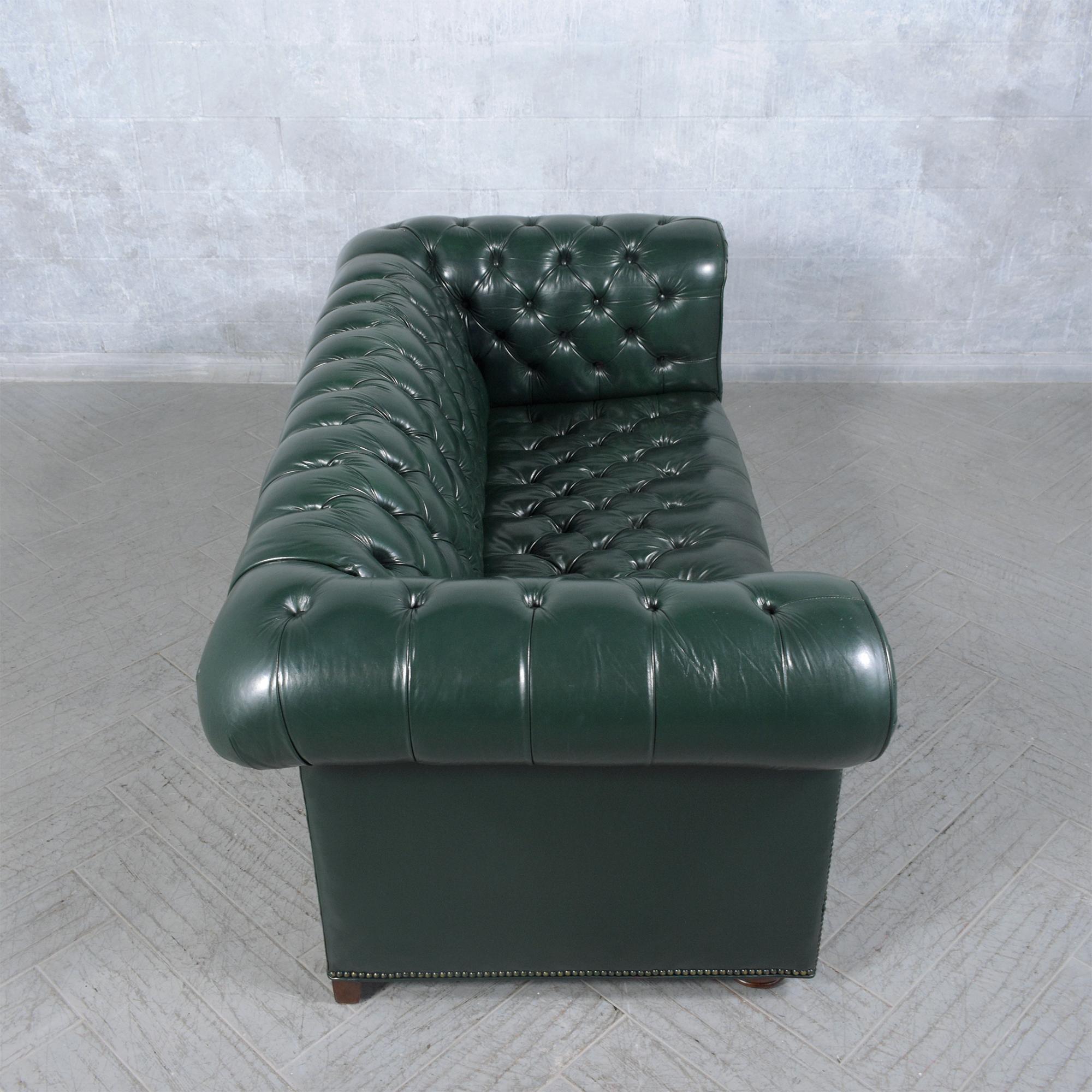 1970s Vintage Chesterfield Sofa: Emerald Green Leather with Elegant Carved Legs 6