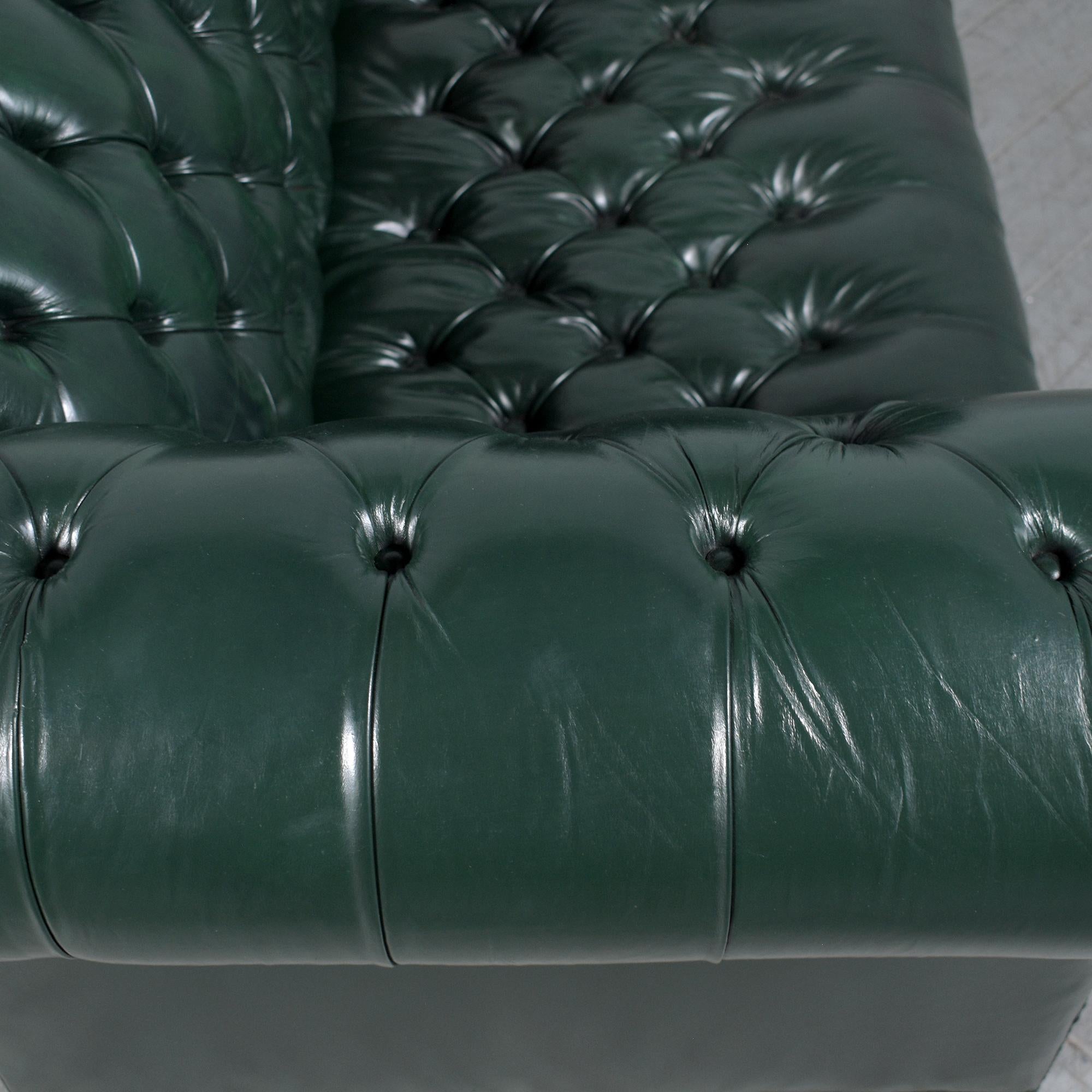 1970s Vintage Chesterfield Sofa: Emerald Green Leather with Elegant Carved Legs 7