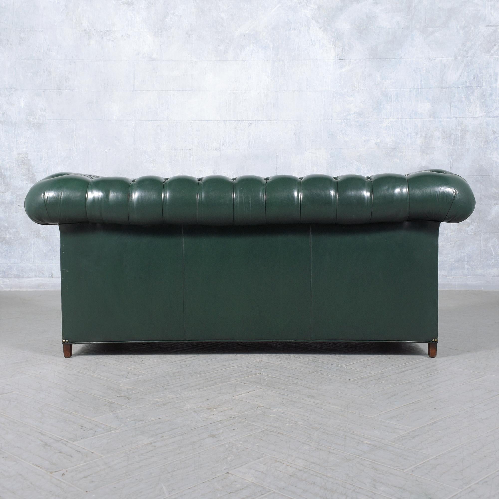 1970s Vintage Chesterfield Sofa: Emerald Green Leather with Elegant Carved Legs 8