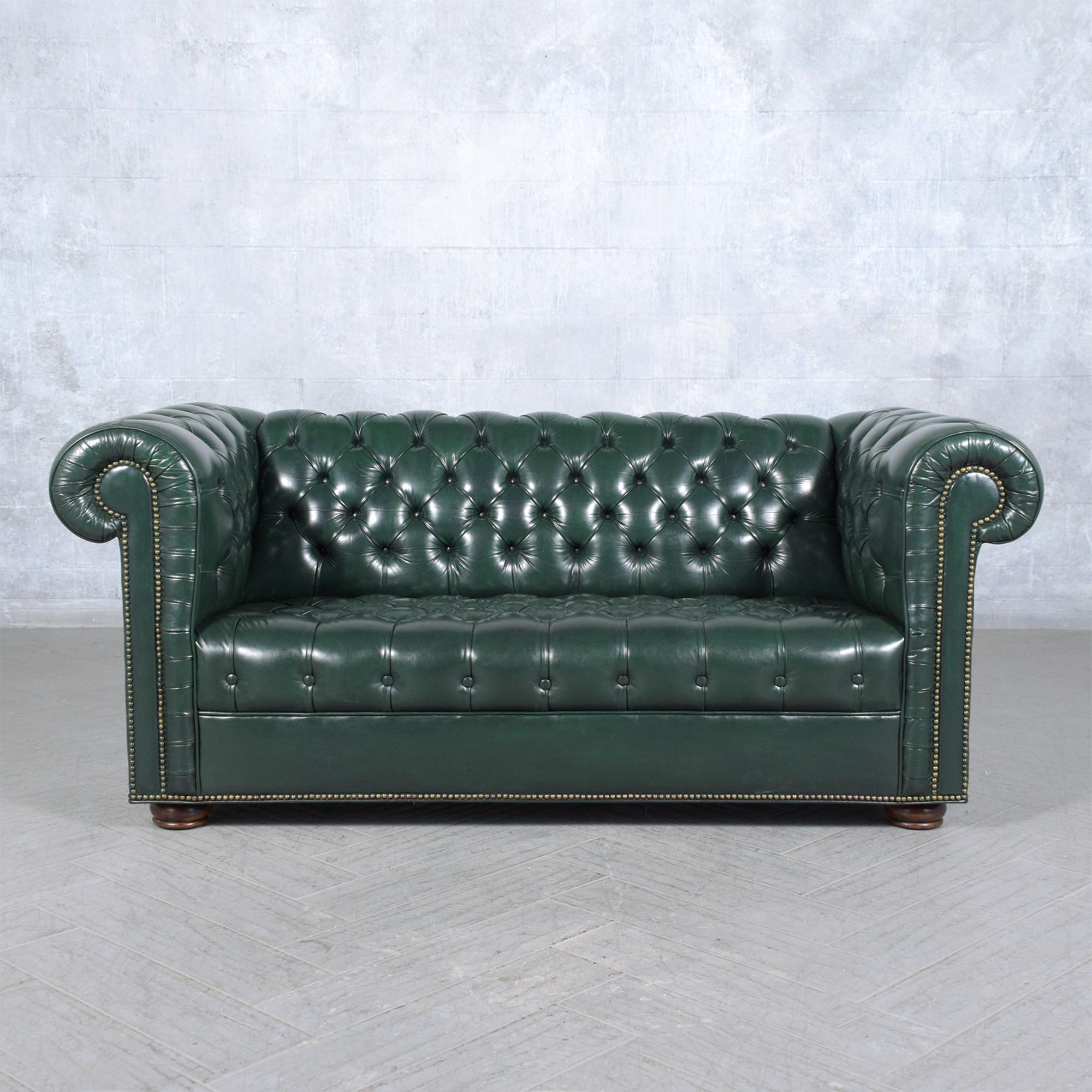 Immerse yourself in the opulent charm of the 1970s with our vintage Chesterfield sofa, a masterpiece of craftsmanship and style. Hand-crafted from a solid wood and leather combination, this sofa has undergone a complete restoration by our team of