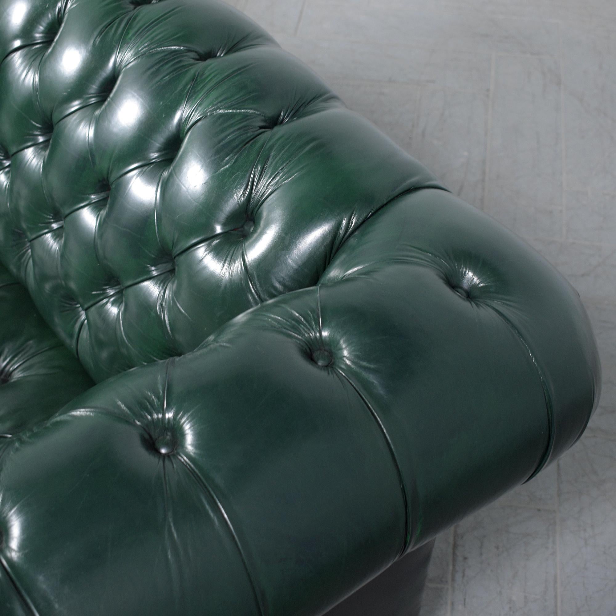 1970s Vintage Chesterfield Sofa: Emerald Green Leather with Elegant Carved Legs 2