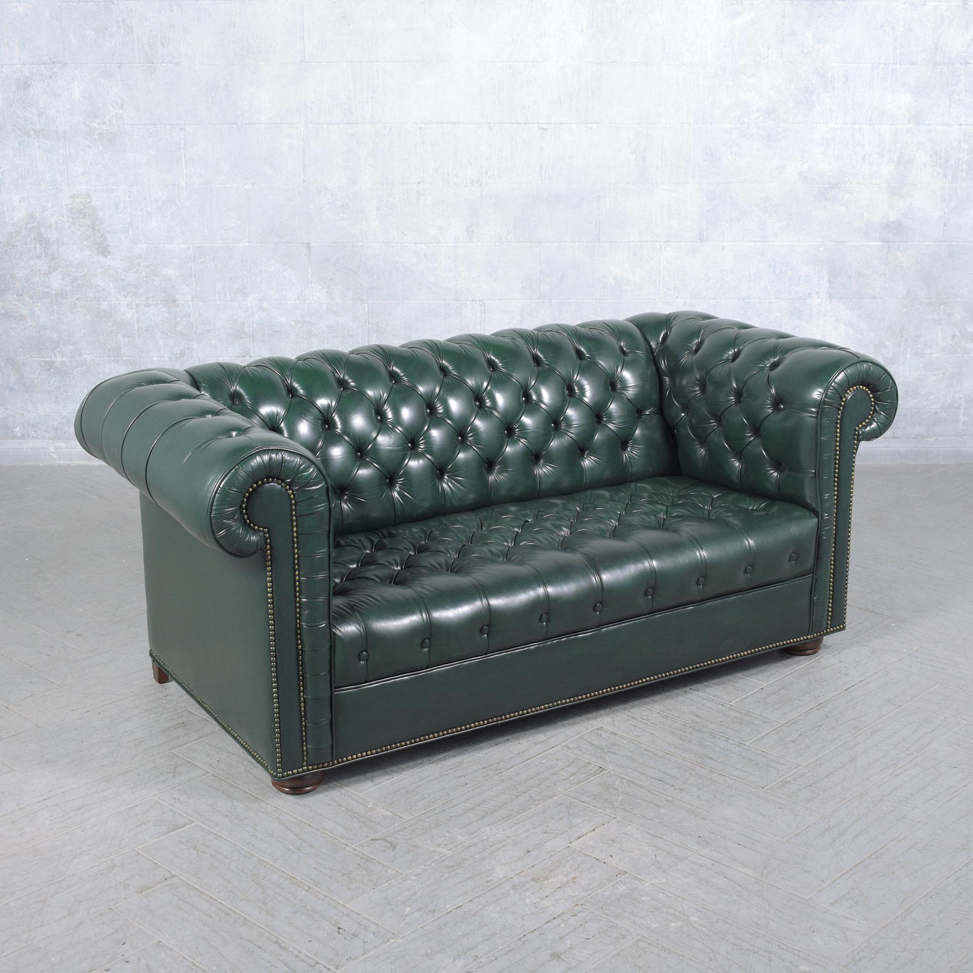 1970s Vintage Chesterfield Sofa: Emerald Green Leather with Elegant Carved Legs 3
