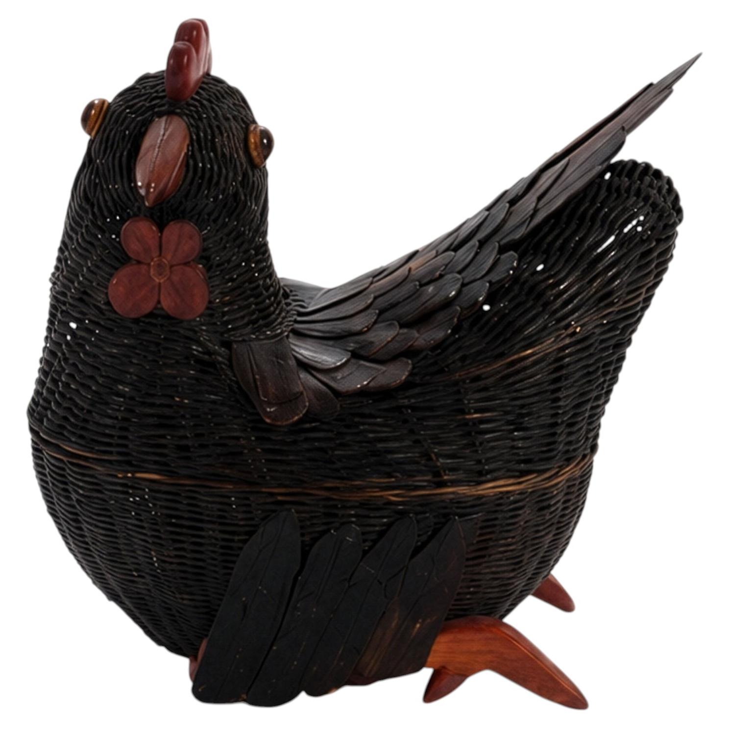 1970s Vintage Chinese Wicker Chicken Basket with Lid, Bamboo & Rattan