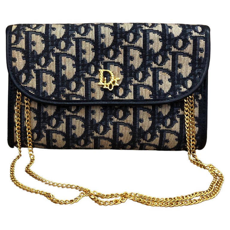 Vintage CHRISTIAN DIOR Navy Trotter Jacquard Chain Bag Small For Sale at 1stDibs