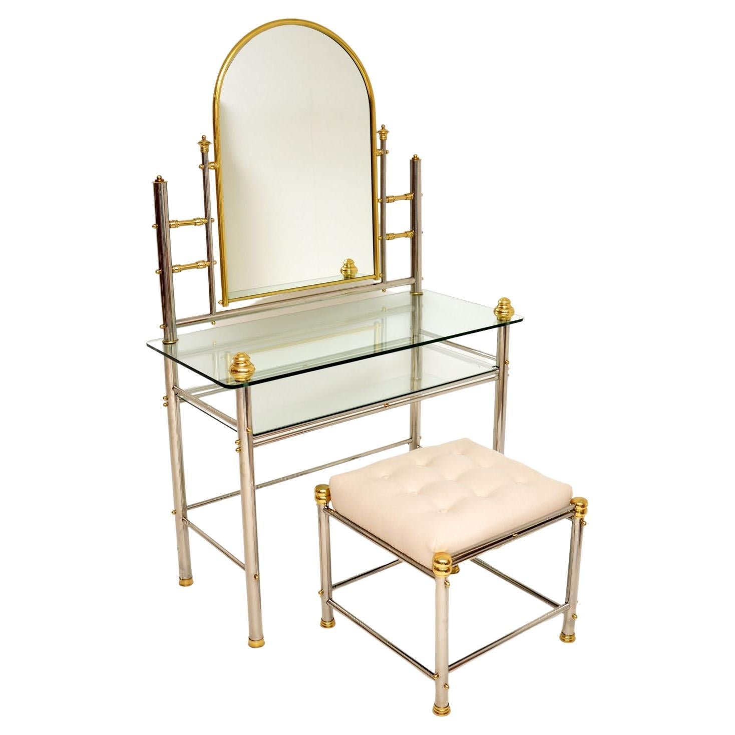 1970s Vintage Chrome & Brass Dressing Table with Stool