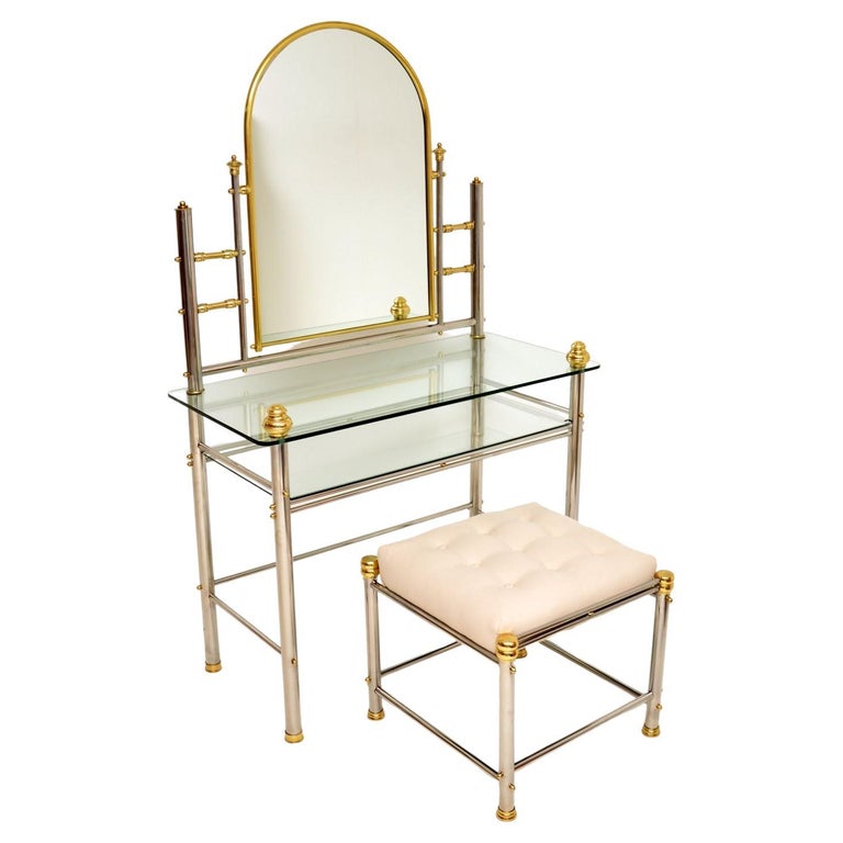 1970s Vintage Chrome and Brass Dressing Table with Stool For Sale at