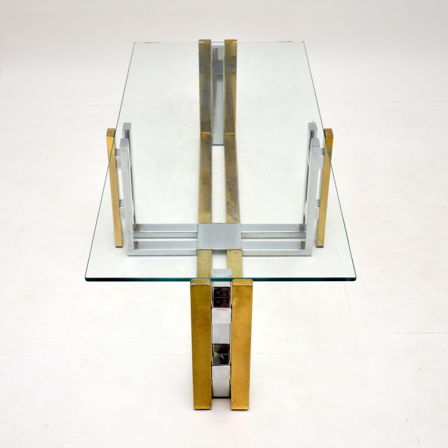 Italian 1970s Vintage Chrome Brass and Glass Coffee Table