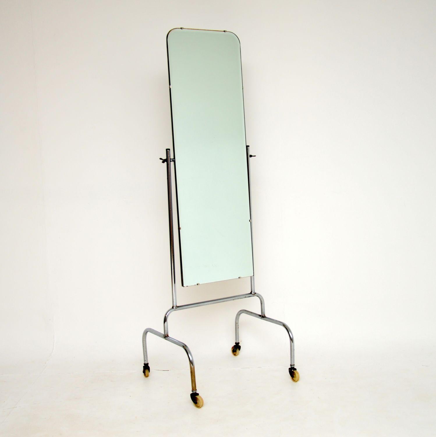 A large and stylish vintage chromed steel cheval mirror on wheels. This was made in England, it dates from around the 1970’s.

It has a great industrial feel, and would look equally great at home or in a fashion retail shop. It is of great