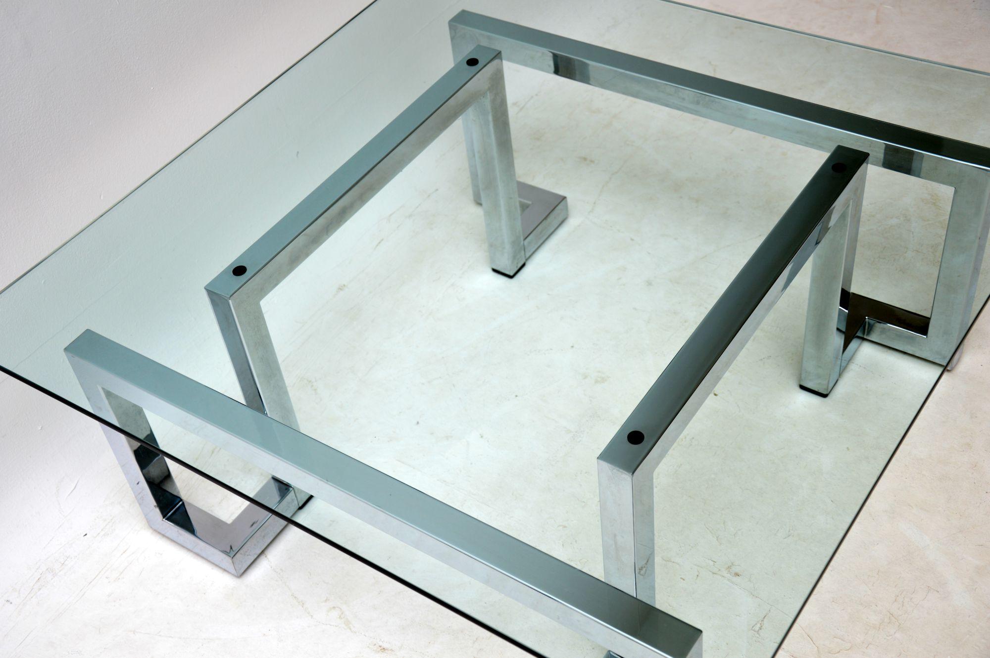 1970s Vintage Chrome and Glass Coffee Table by Pieff 1