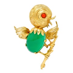 1970s Vintage Chrysoprase 14 Karat Gold Baby Bird Brooch