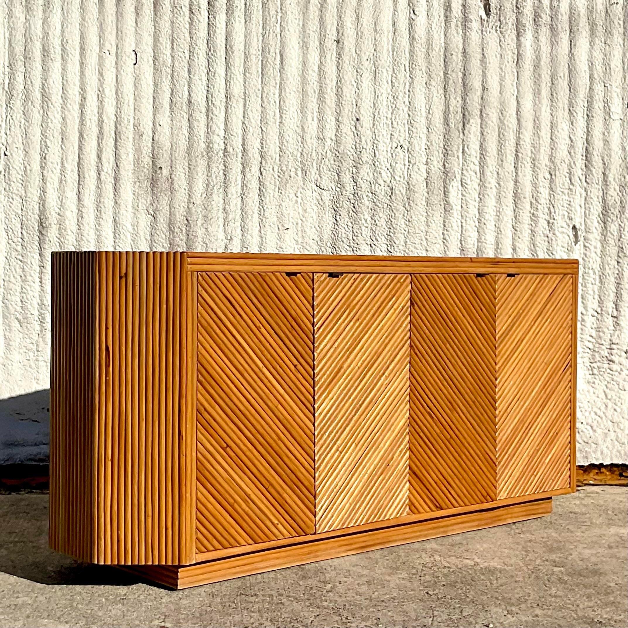 1970s Vintage Coastal Chevron Split Reed Credenza For Sale at 1stDibs