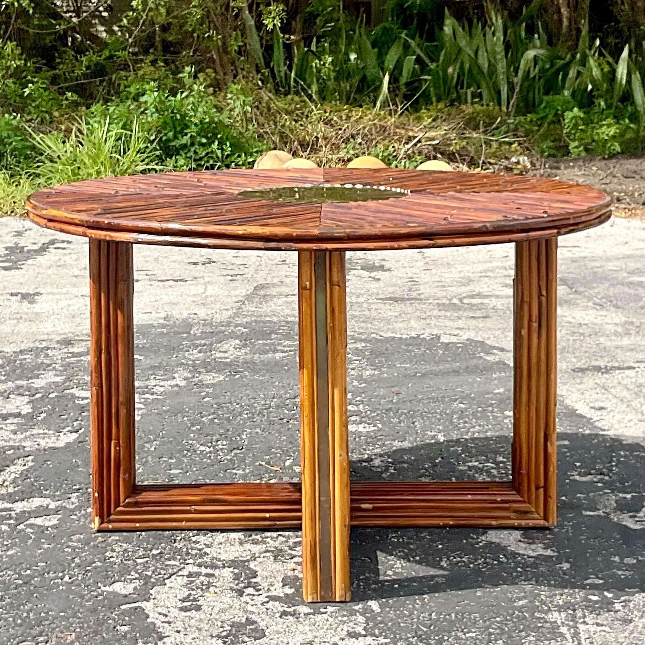 Philippine 1970s Vintage Coastal Rattan and Brass Dining Table After Vivai Del Sud For Sale