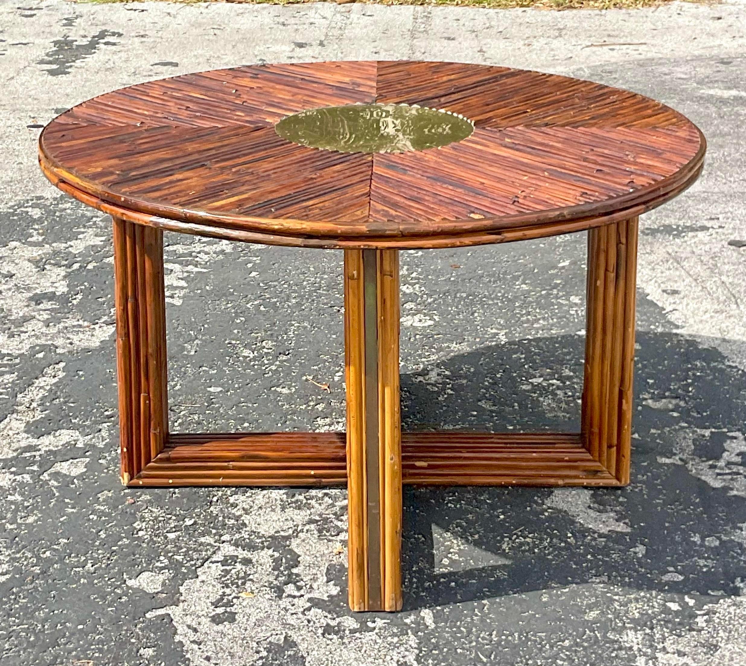 1970s Vintage Coastal Rattan and Brass Dining Table After Vivai Del Sud In Good Condition For Sale In west palm beach, FL