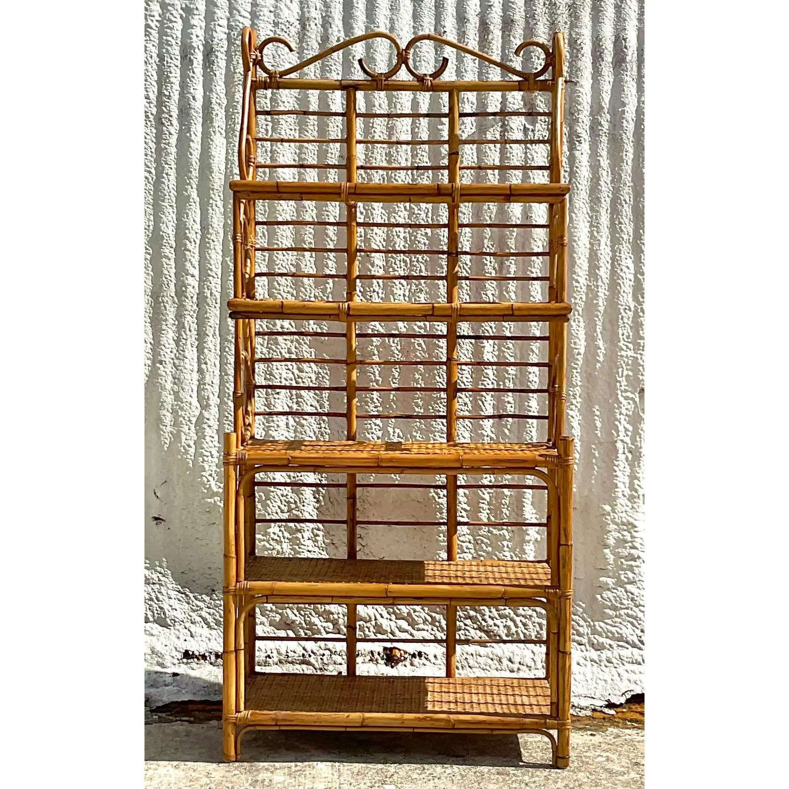 1970s Vintage Coastal Tortoise Rattan Bakers Rack In Good Condition For Sale In west palm beach, FL