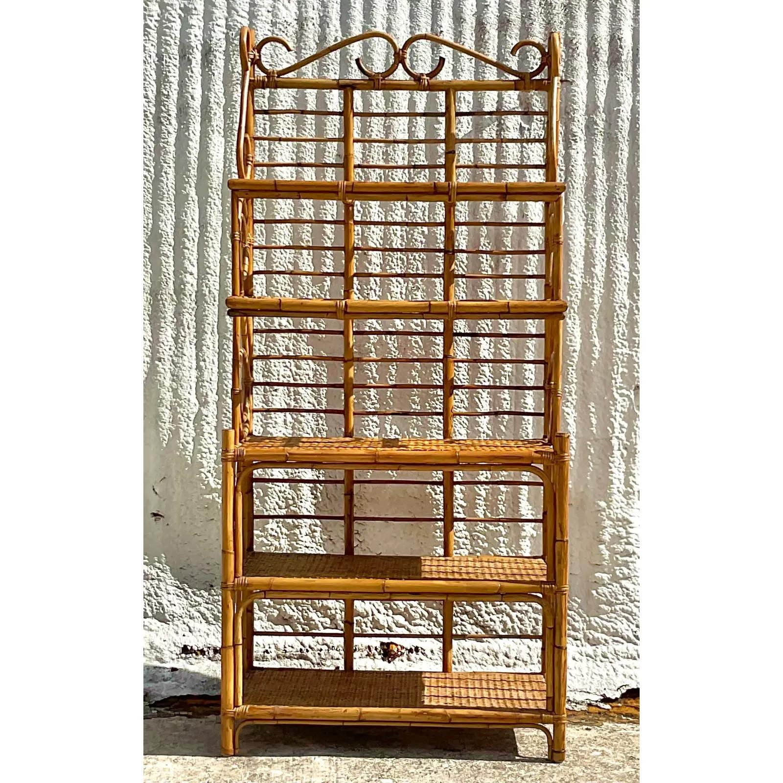 1970s Vintage Coastal Tortoise Rattan Bakers Rack In Good Condition In West Palm Beach, FL
