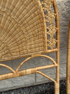 1970s Vintage Coastal Woven Rattan Fan Back Twin Headboards - A Pair