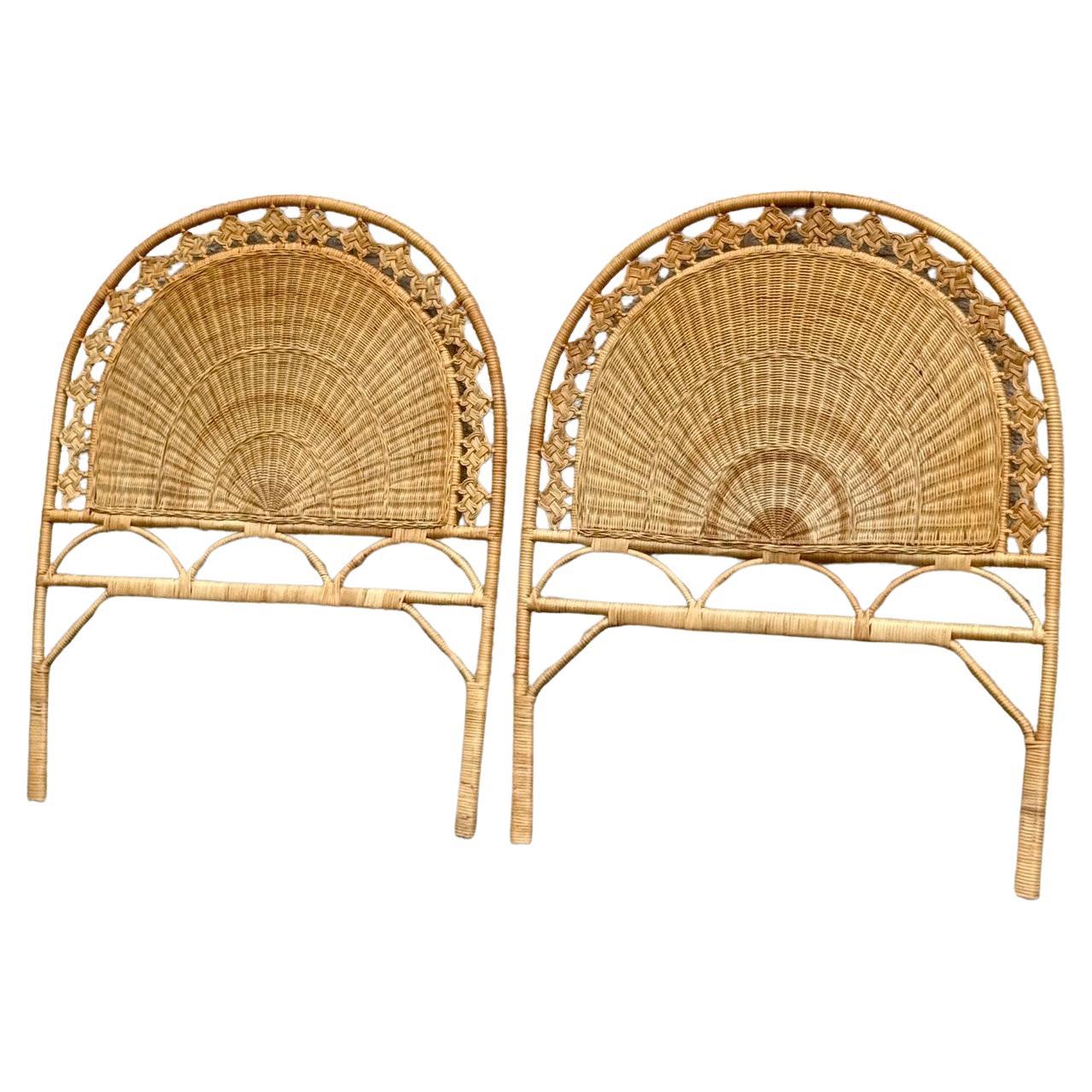 1970s Vintage Coastal Woven Rattan Fan Back Twin Headboards - A Pair