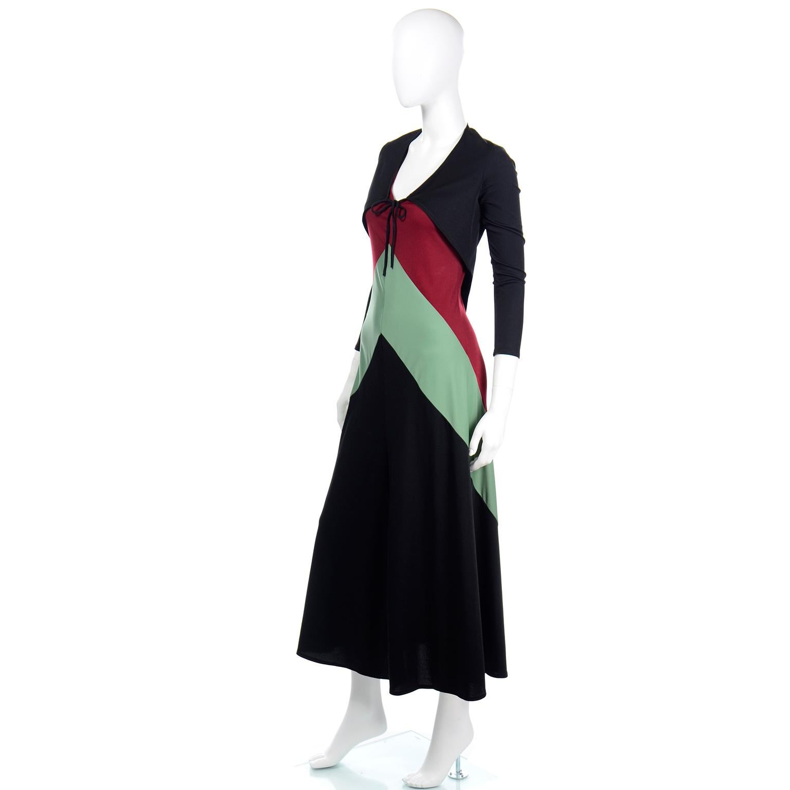 1970s Vintage Color Block Black Jersey Maxi Tank Dress W Long Sleeve Bolero In Excellent Condition For Sale In Portland, OR