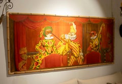 1970s Vintage Commedia dell’Arte Wall Panel Framed in Bamboo, Signed Joyce Balk