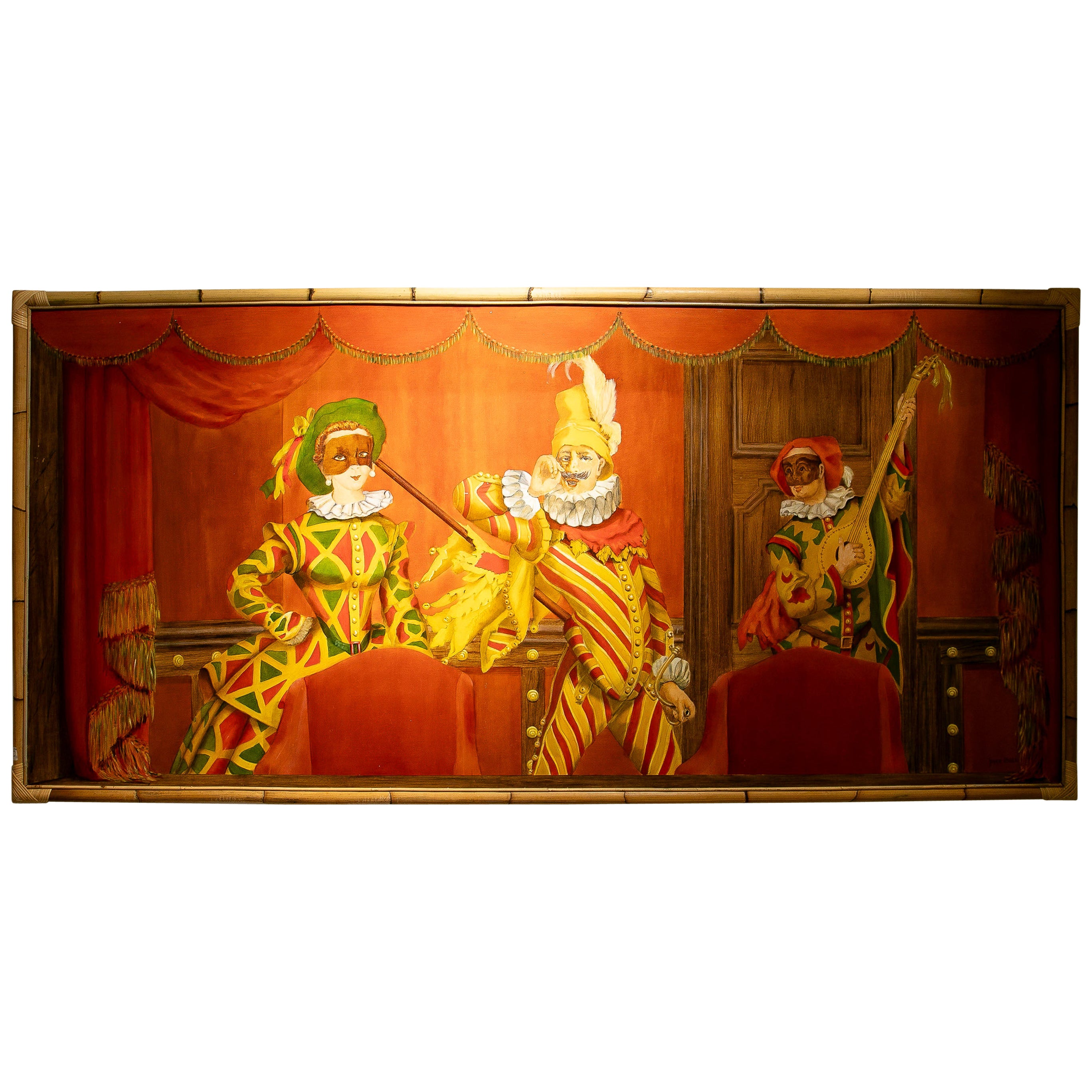1970s Vintage Commedia dell’Arte Wall Panel Framed in Bamboo, Signed Joyce Balk