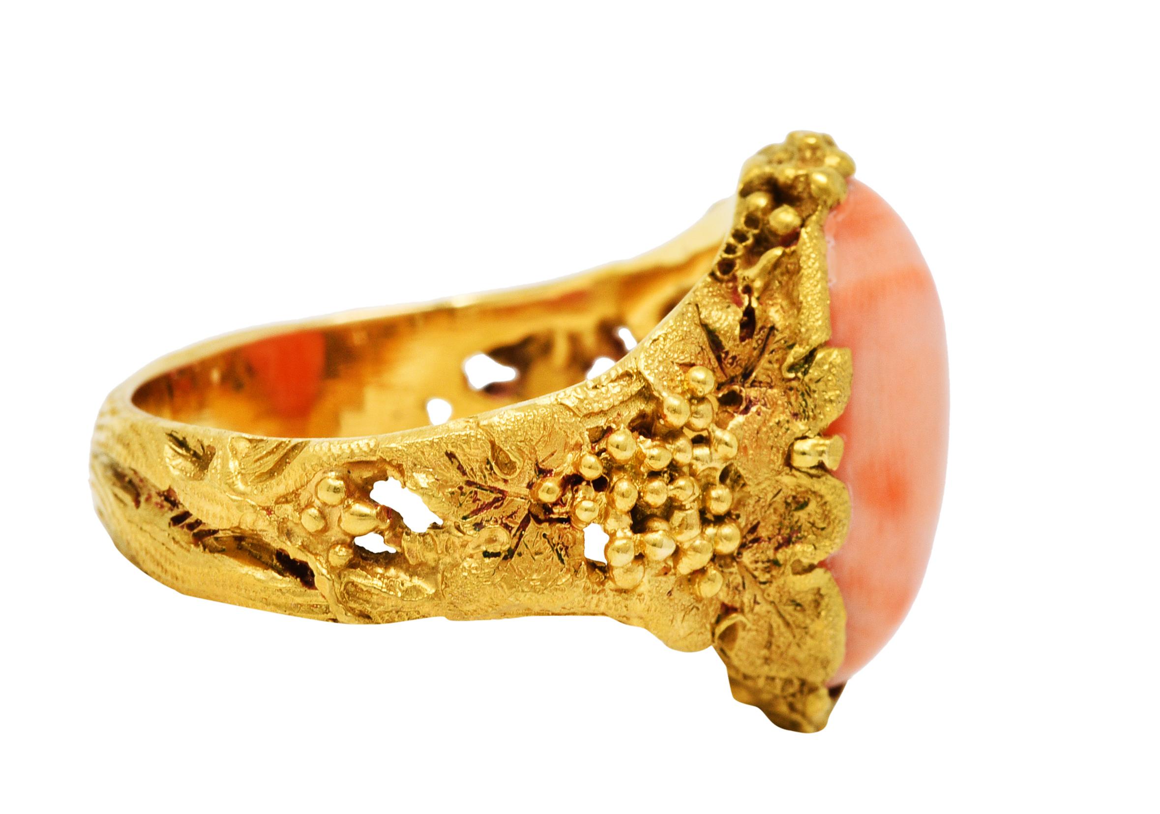 Contemporary 1970's Vintage Coral 18 Karat Gold Grapevine Gemstone Ring