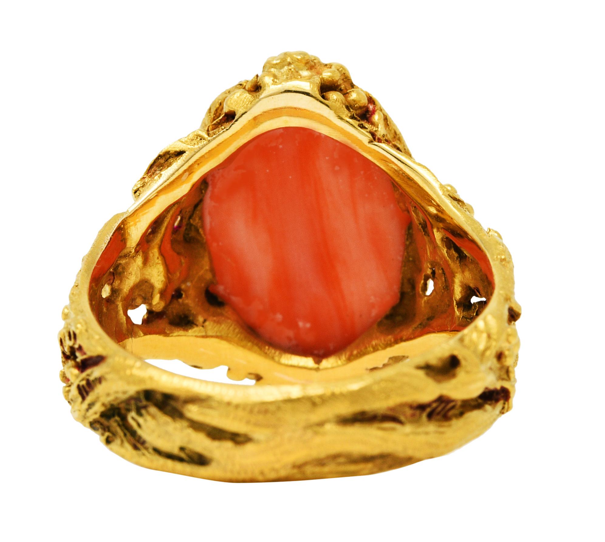 Cabochon 1970's Vintage Coral 18 Karat Gold Grapevine Gemstone Ring