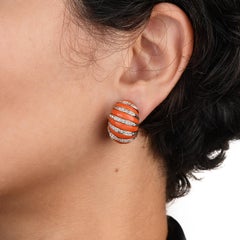 1970s Vintage Coral Diamond 18k Yellow Gold Shrimp Style Earrings