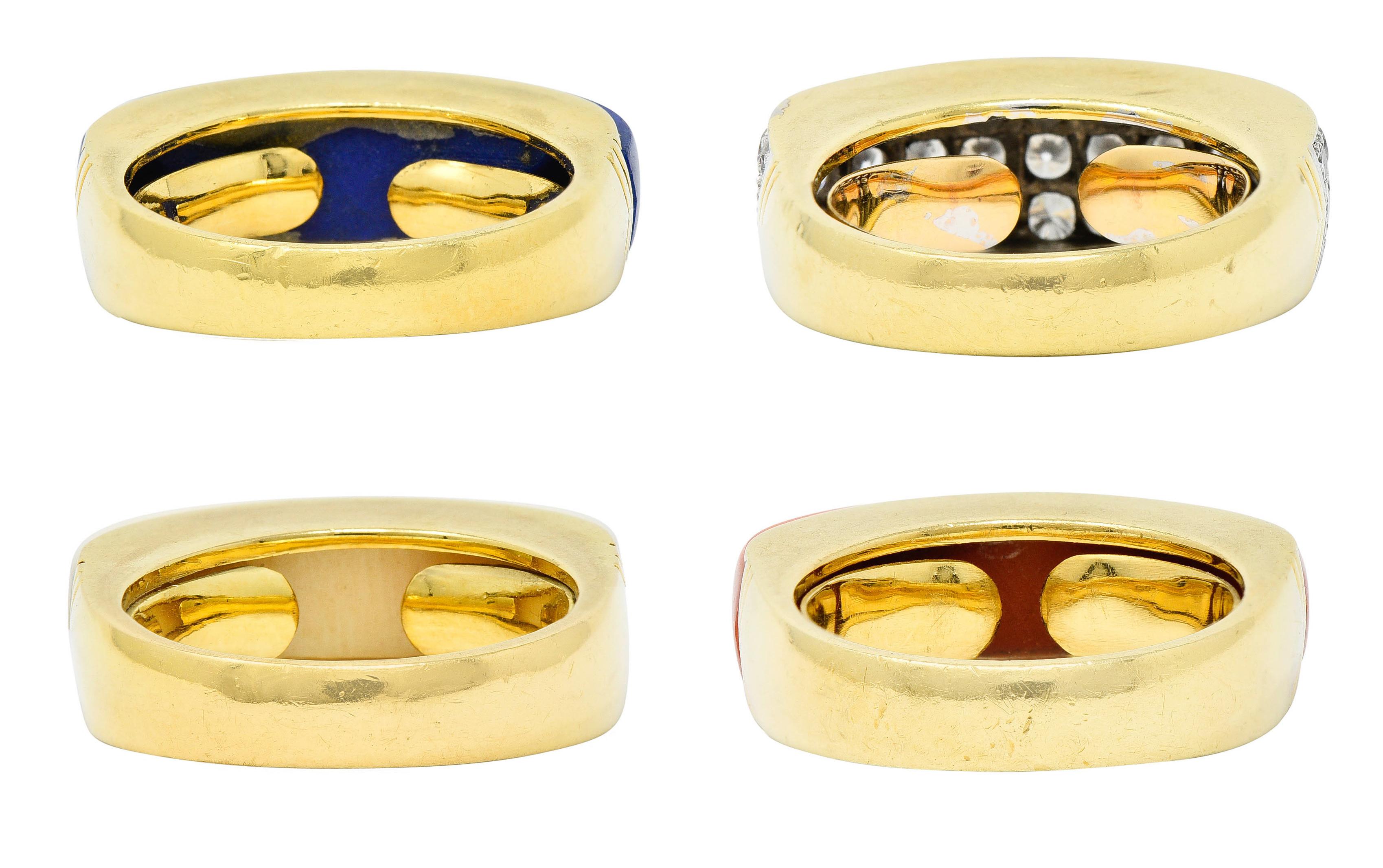Contemporary 1970's Vintage Coral Lapis Agate Diamond 18 Karat Gold Stackable Band Rings