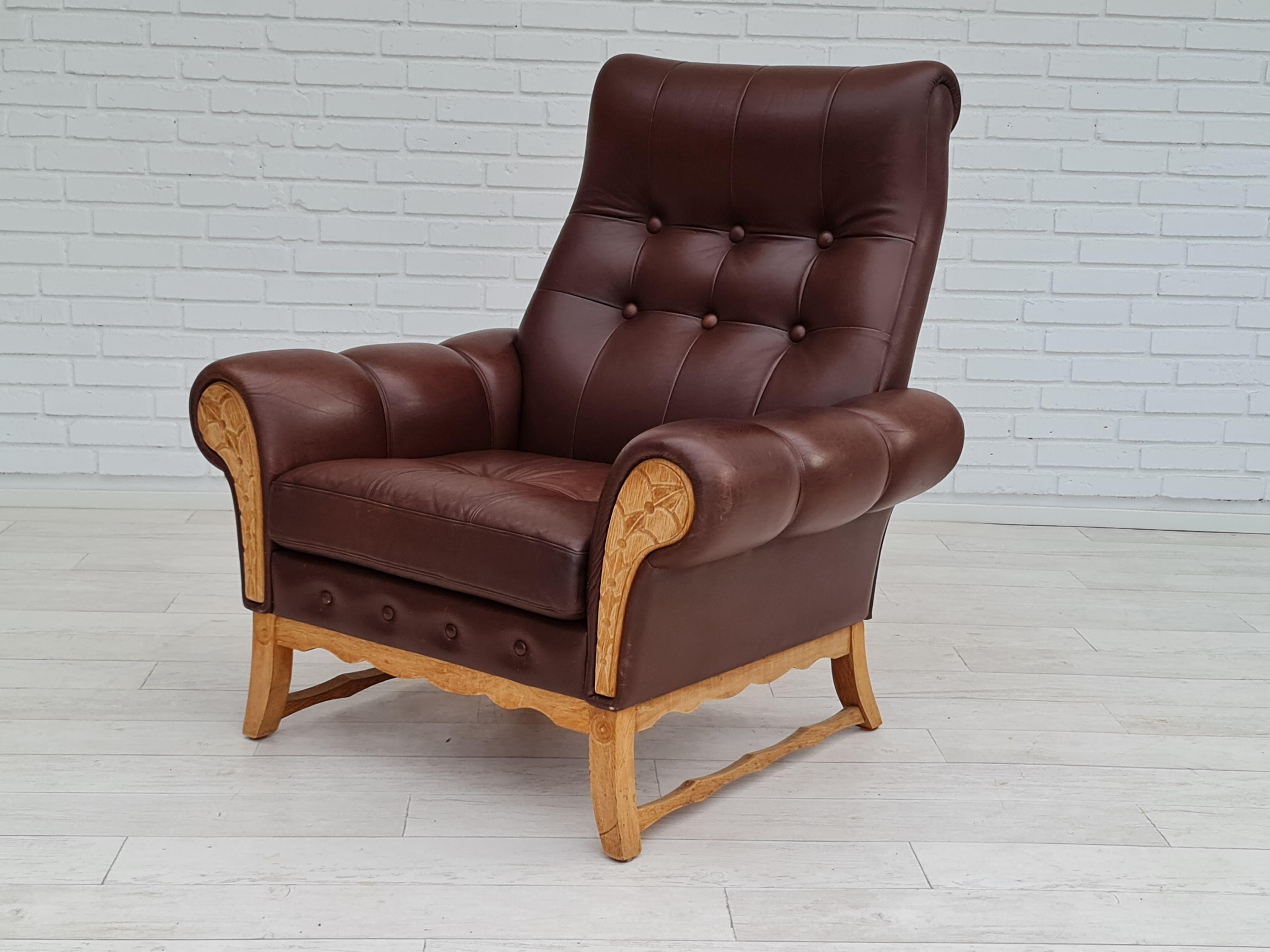 1970s, vintage Danish highback armchair, leather, oak wood For Sale 6