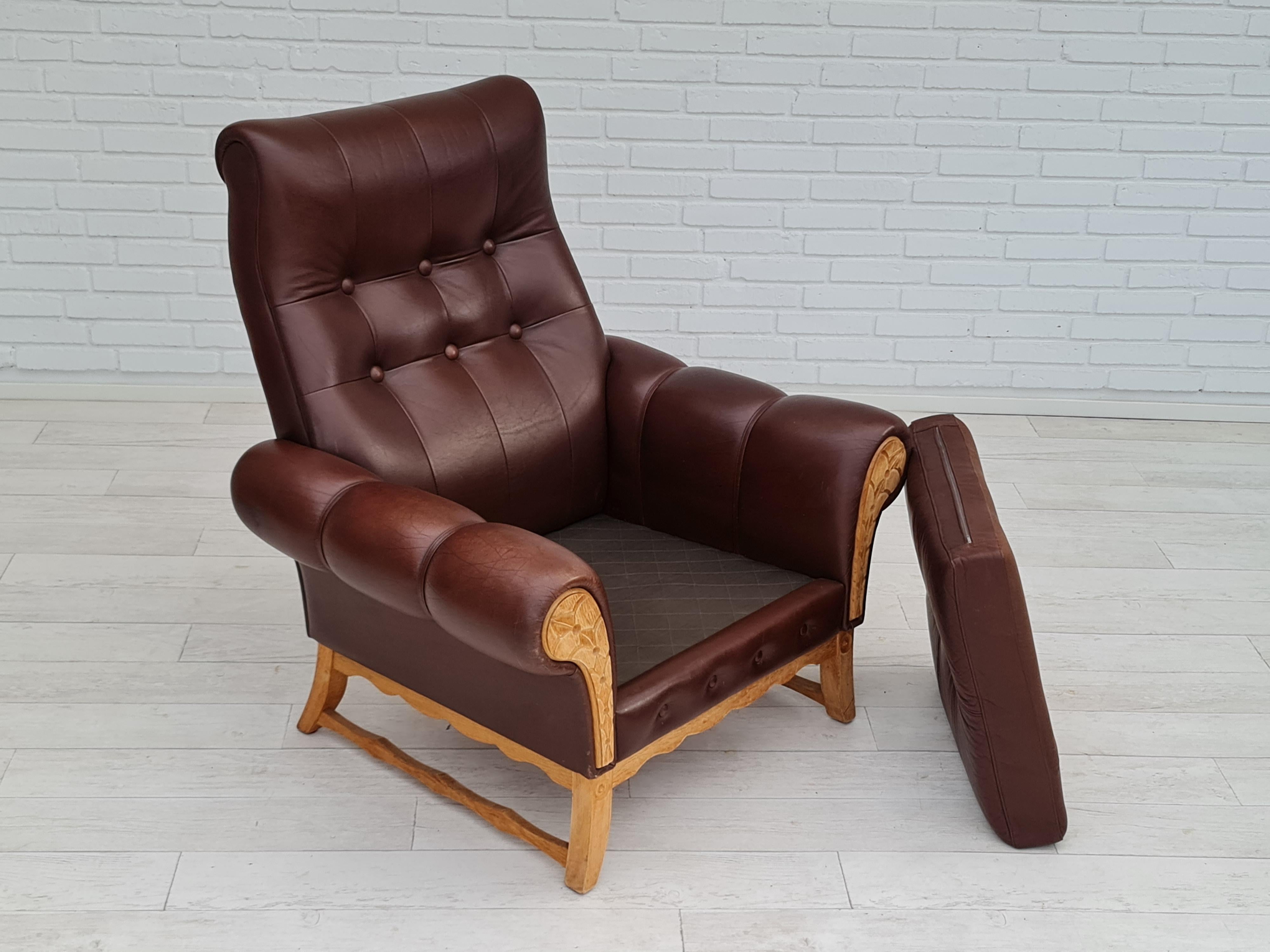 1970s, vintage Danish highback armchair, leather, oak wood For Sale 7