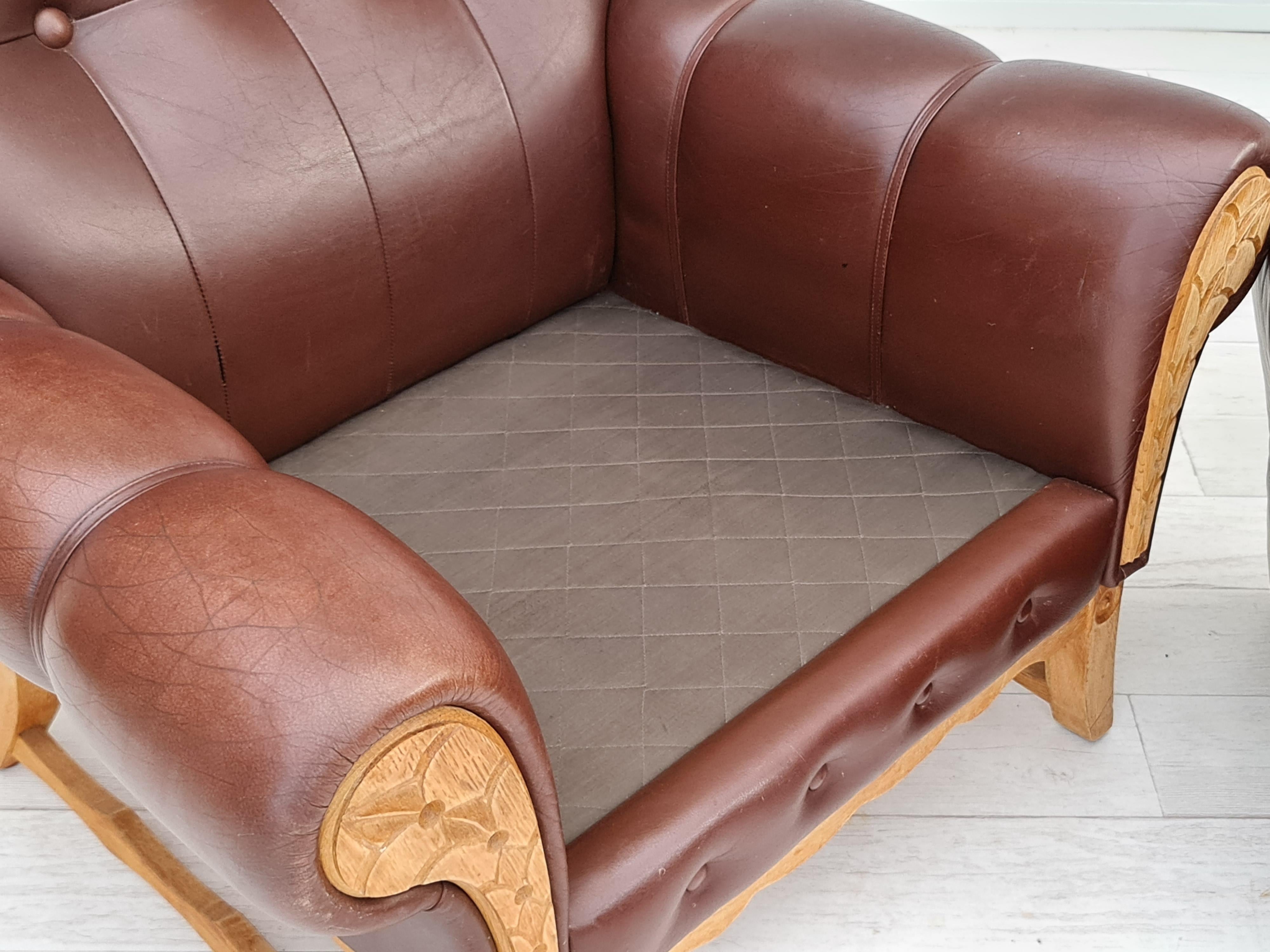 1970s, vintage Danish highback armchair, leather, oak wood For Sale 8