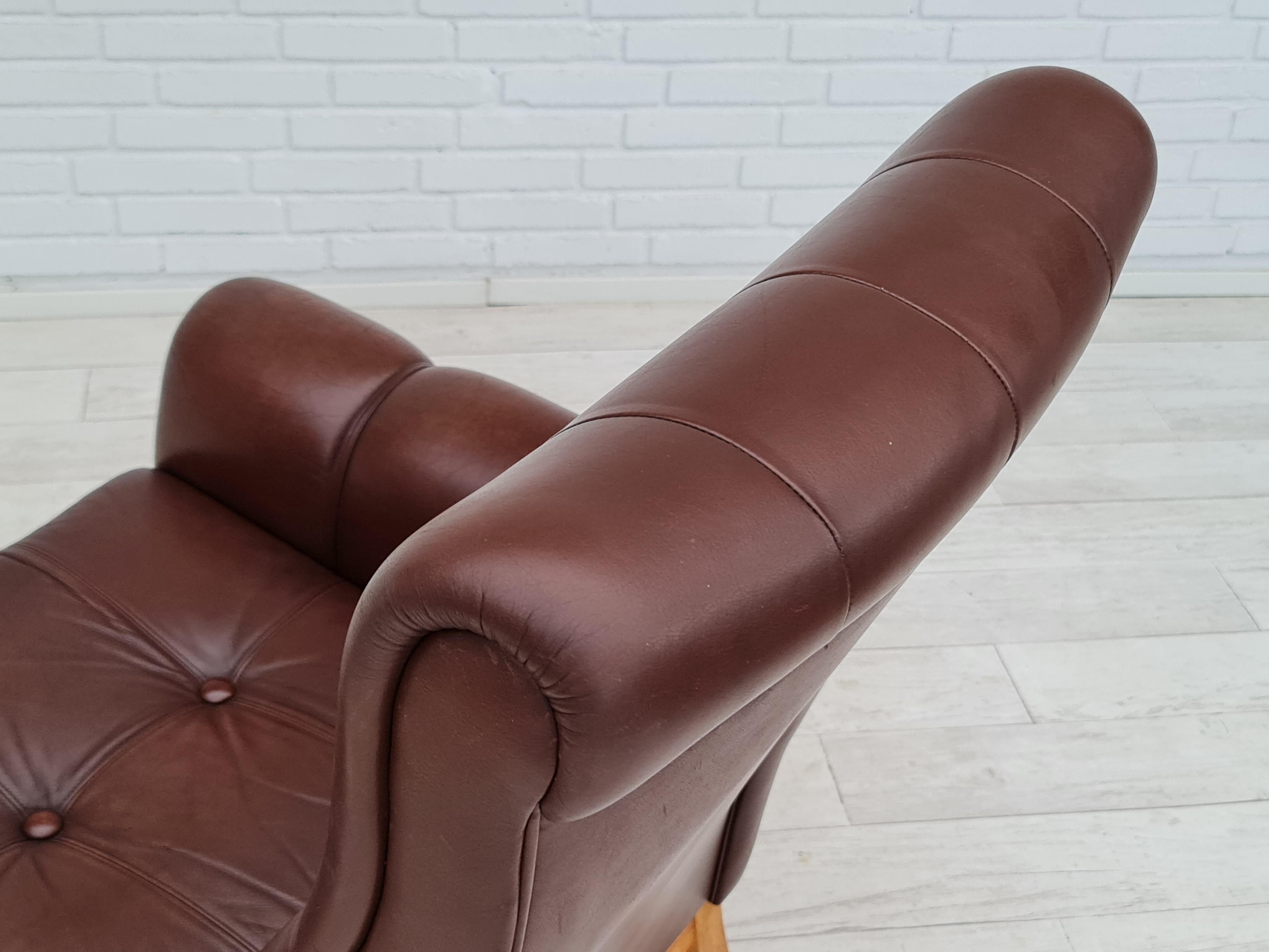 1970s, vintage Danish highback armchair, leather, oak wood For Sale 9