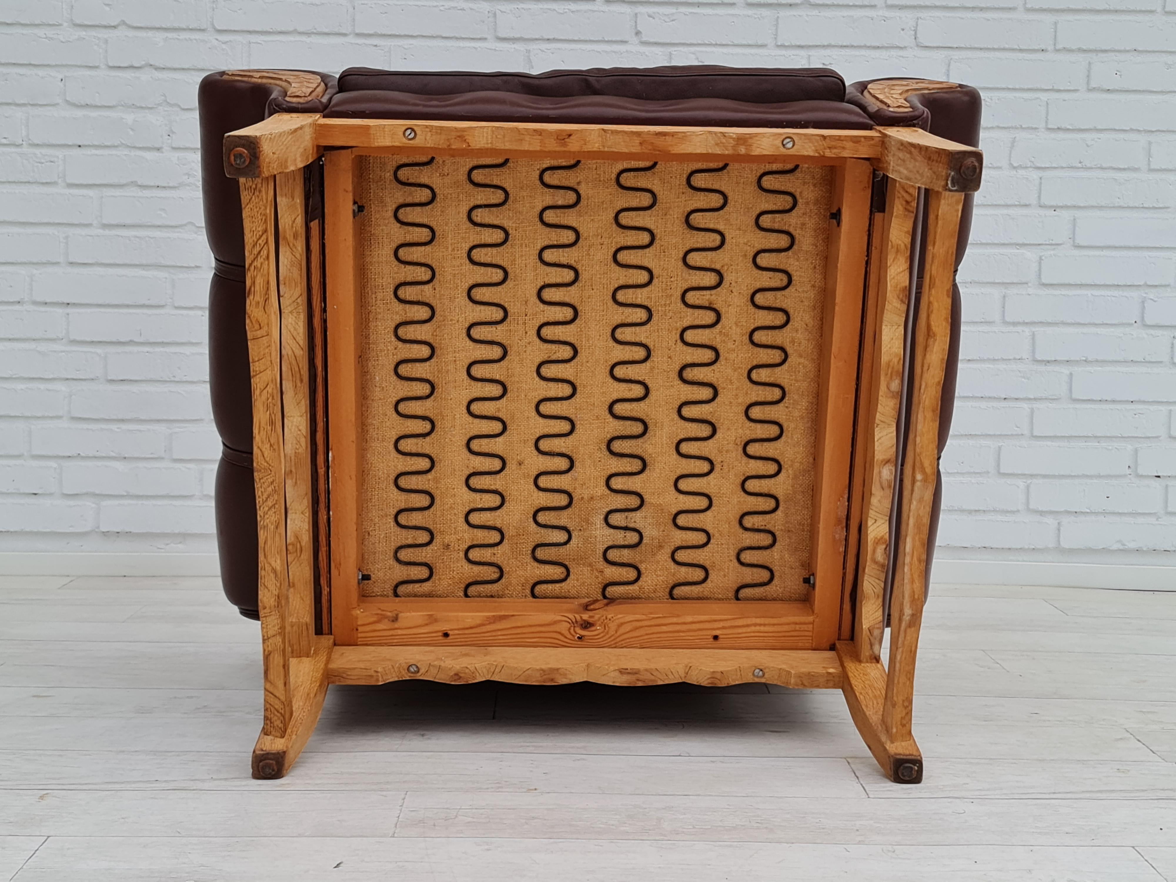 1970s, vintage Danish highback armchair, leather, oak wood For Sale 11