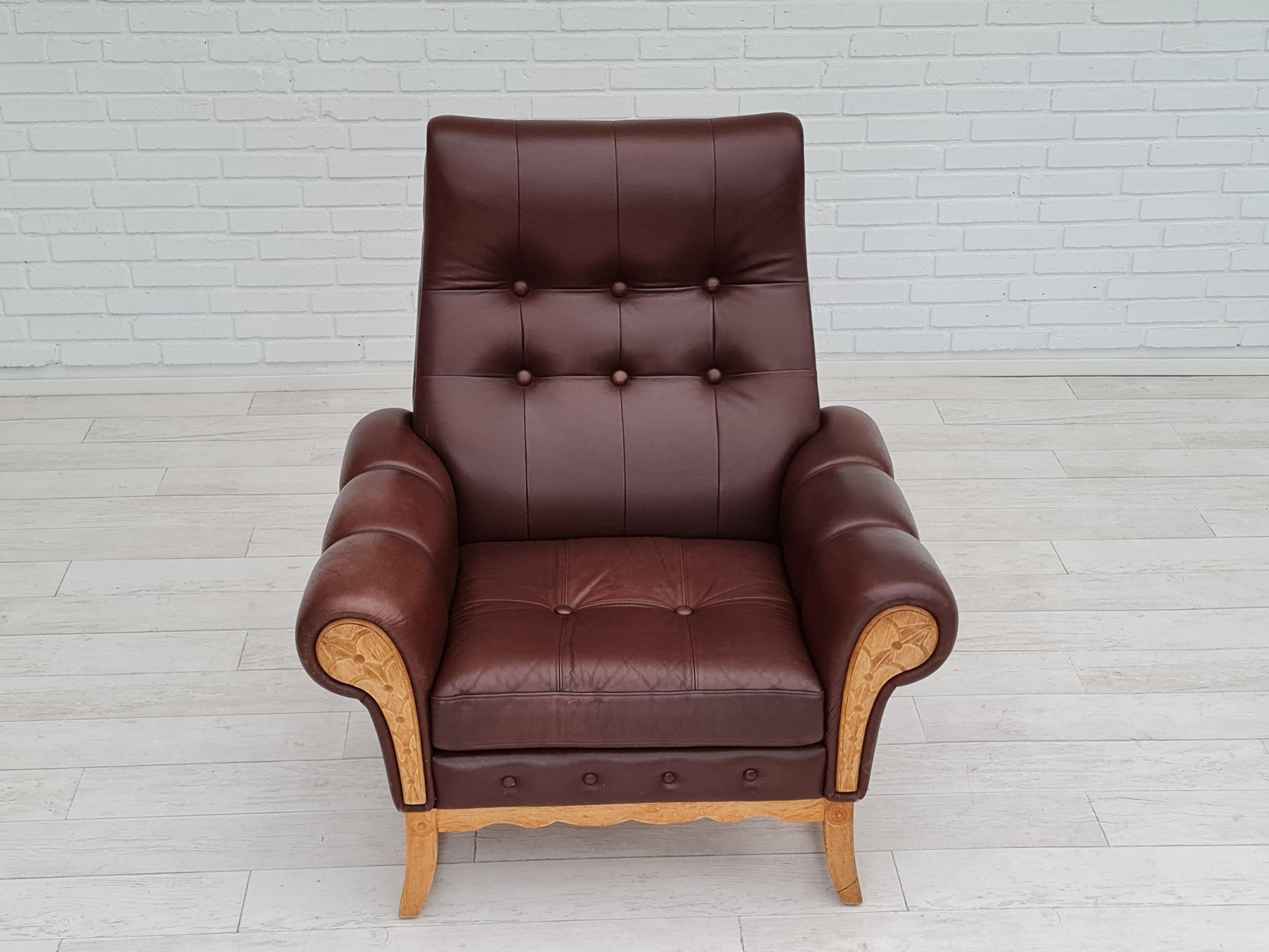 Late 20th Century 1970s, vintage Danish highback armchair, leather, oak wood For Sale