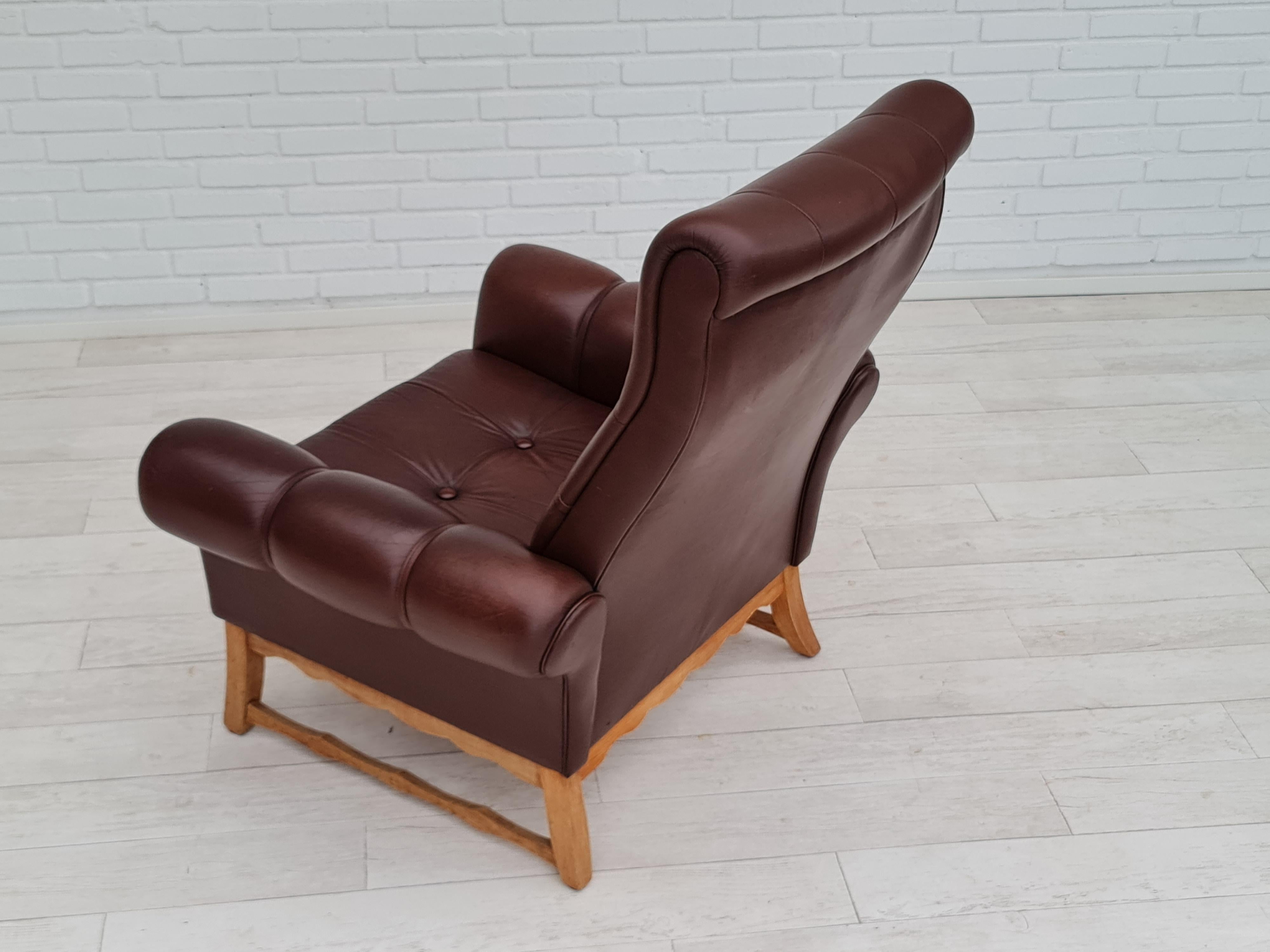 1970s, vintage Danish highback armchair, leather, oak wood For Sale 2