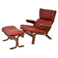 1970's Vintage Danish Leather Armchair & Stool by Skippers