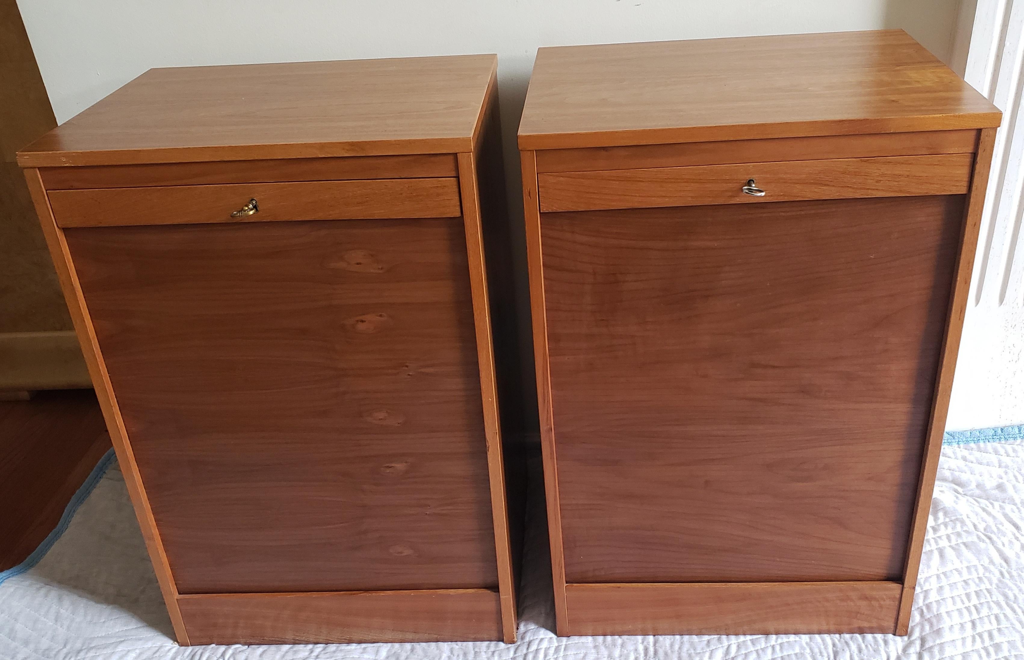 1970s vintage Danish modern 7-drawer teak Tambour door cabinets with lock.
An excellent example of a lockable (key included) teak finished tambour office haberdashery cabinets attributed to Abbess. These units feature 7 drawers. Traditionally
