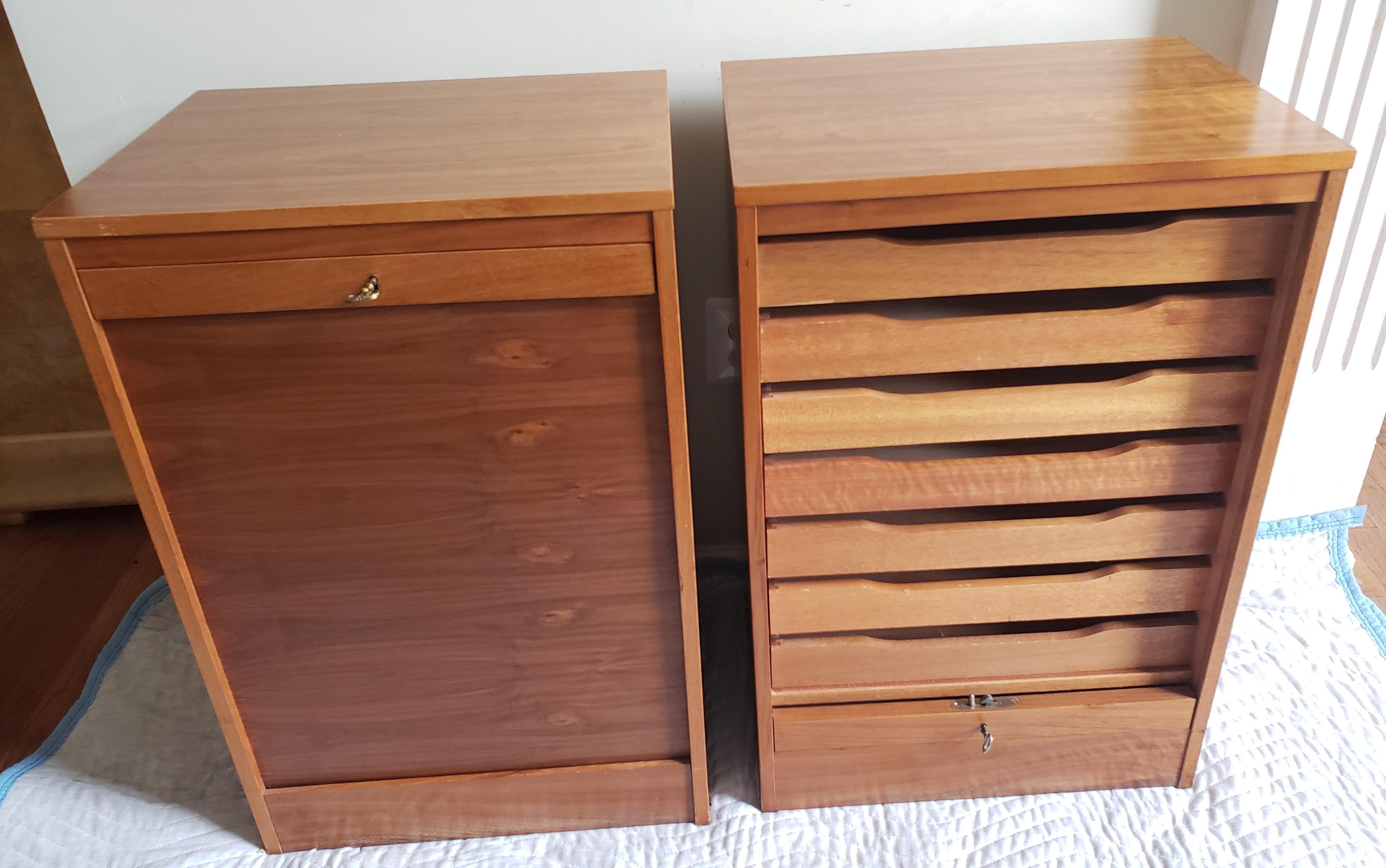 English 1970s Vintage Danish Modern 7-Drawer Teak Tambour Door Cabinets with Lock