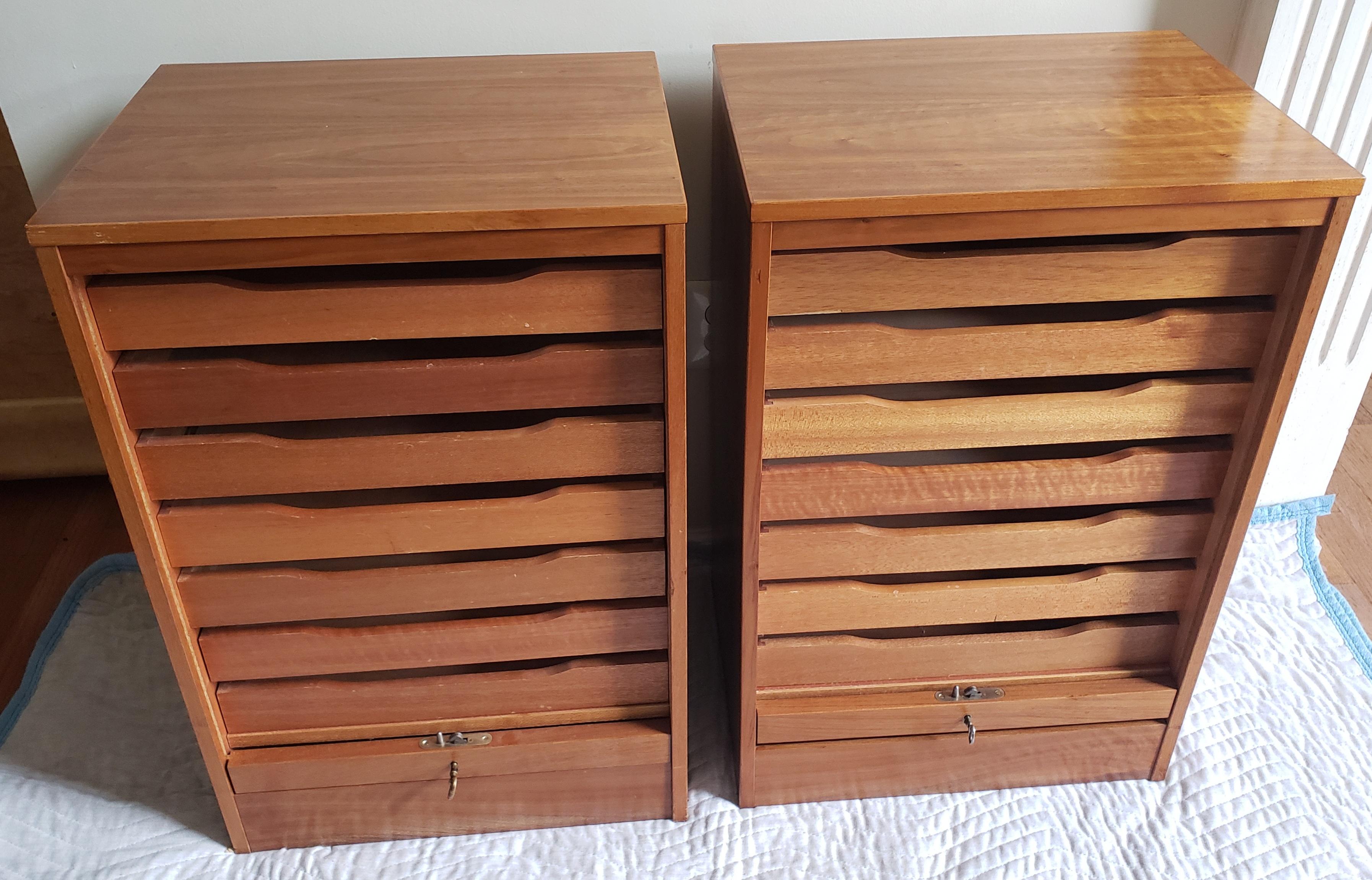 Woodwork 1970s Vintage Danish Modern 7-Drawer Teak Tambour Door Cabinets with Lock