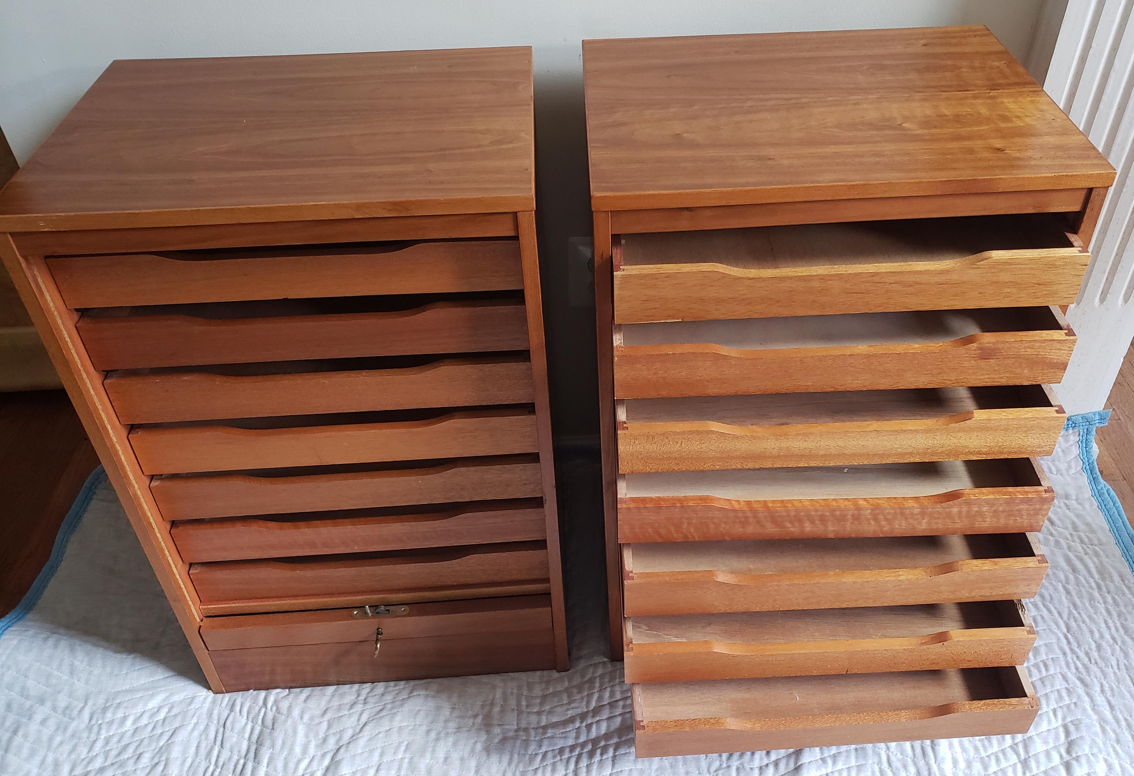 1970s Vintage Danish Modern 7-Drawer Teak Tambour Door Cabinets with Lock In Excellent Condition In Germantown, MD