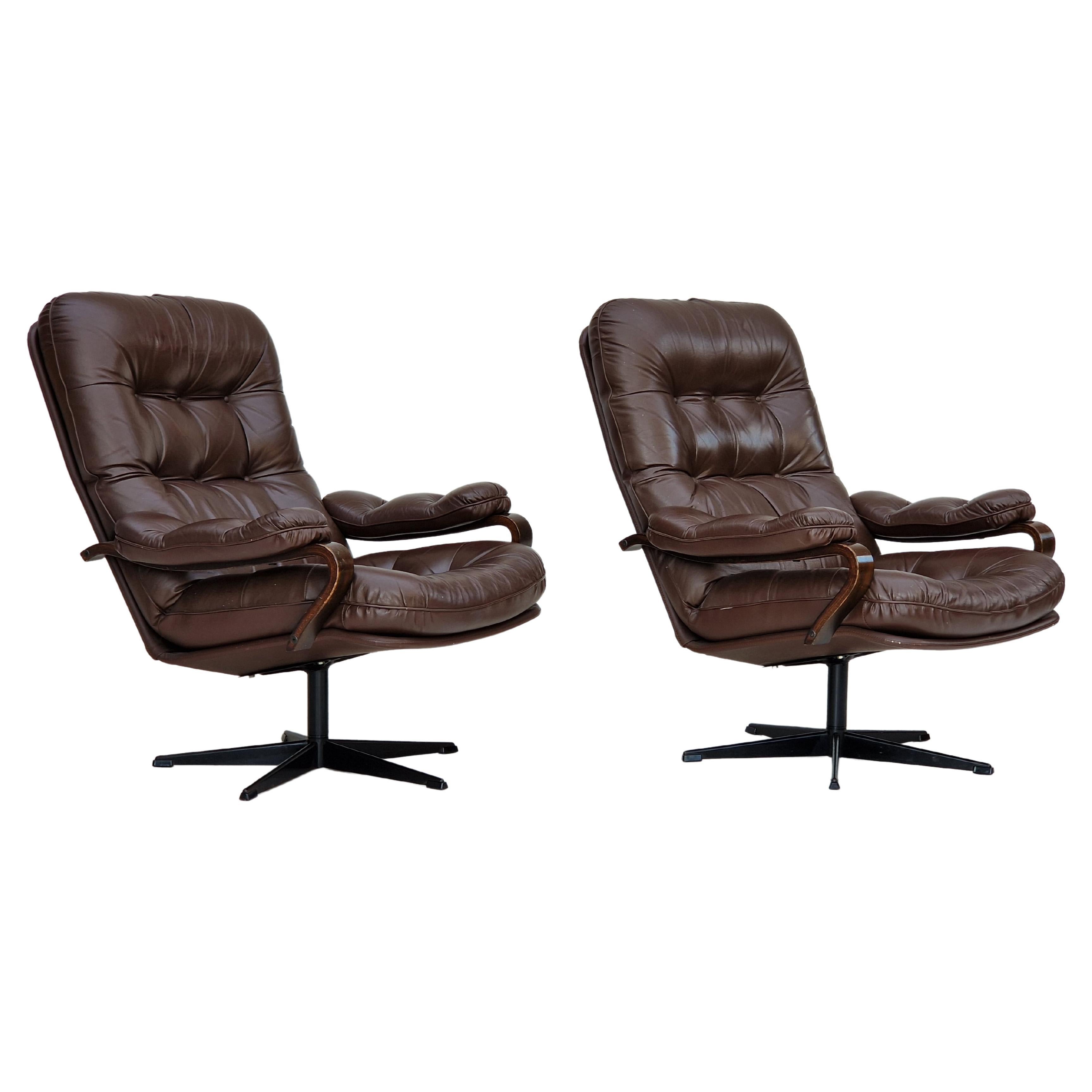 1970s, Vintage Danish, pair of swivel leather armchairs, original condition.