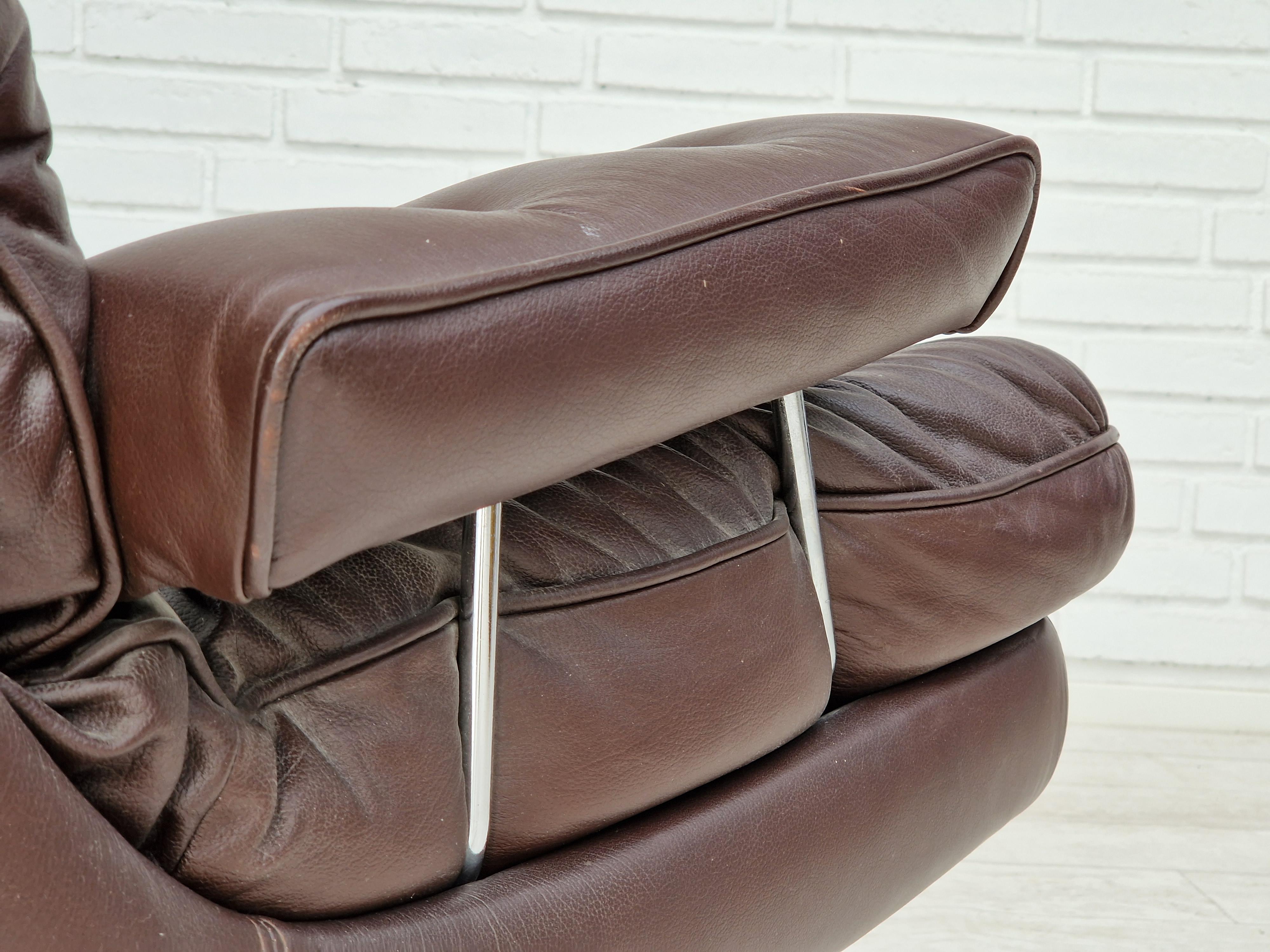 Steel 1970s, Vintage Danish Swivel Leather Armchair, Leather, Original Condition