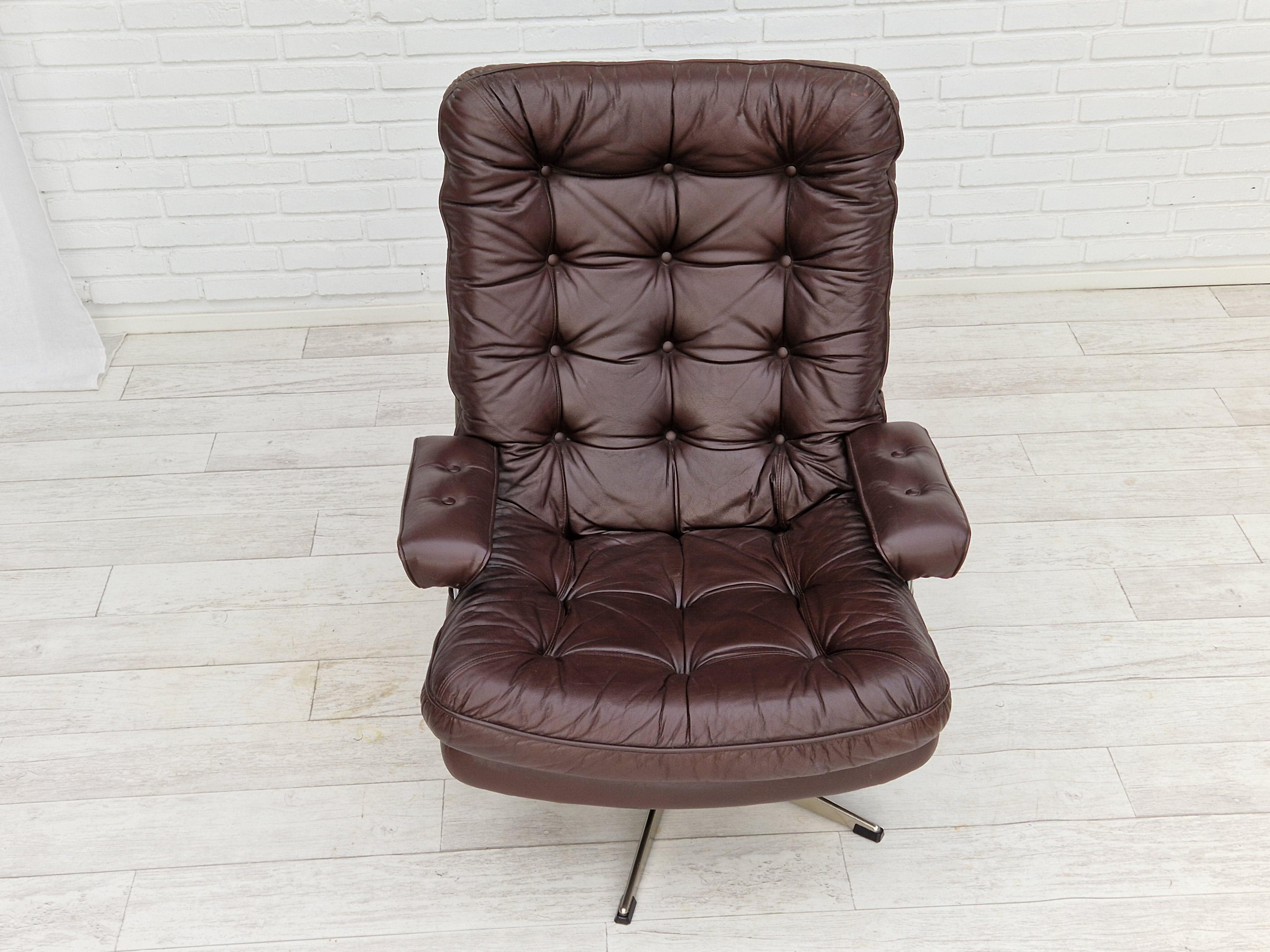 1970s, Vintage Danish Swivel Leather Armchair, Leather, Original Condition 1