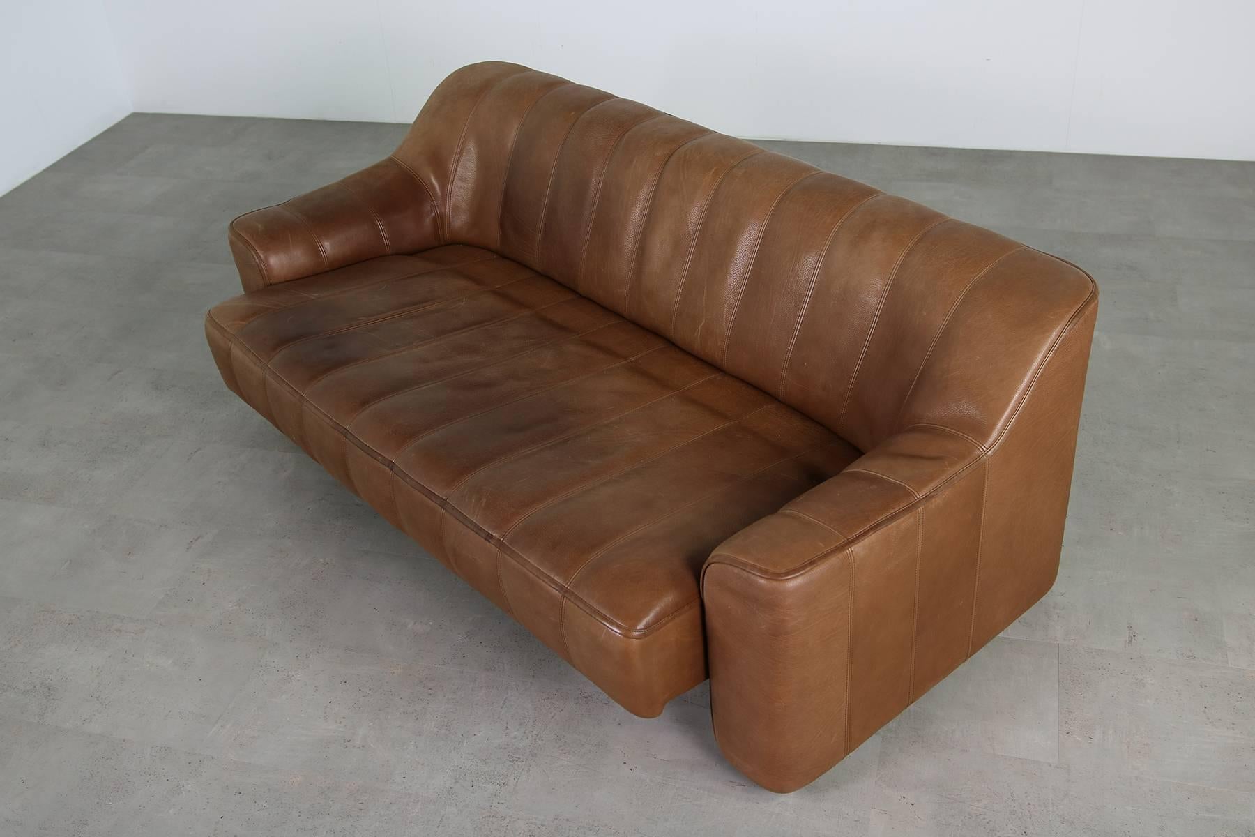1970s Vintage De Sede DS 44 Three-Seat Sofa Brown Dark Cognac Buffalo Leather 3
