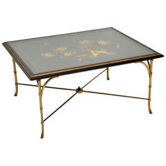 1970s Vintage Decorative Brass and Lacquered Chinoiserie Coffee Table